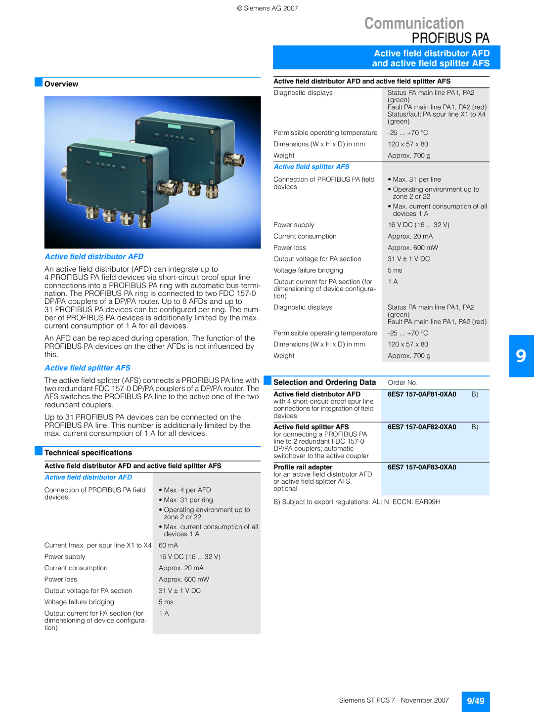 Siemens ST PCS 7 manual Communication, Active field distributor AFD and active field splitter AFS 