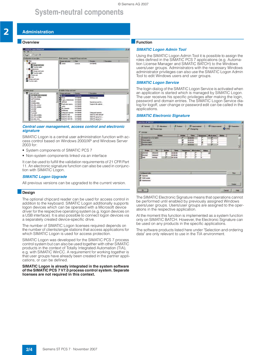 Siemens ST PCS 7 manual Administration, Simatic Logon Upgrade, Simatic Logon Admin Tool, Simatic Logon Service 