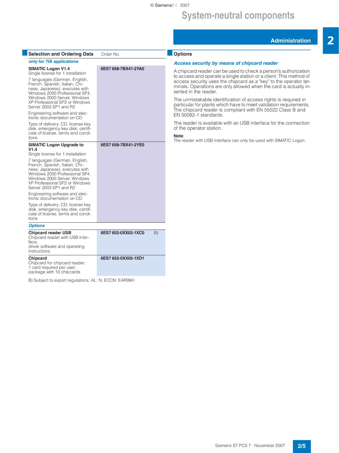 Siemens ST PCS 7 manual Options, Access security by means of chipcard reader, Only for TIA applications 