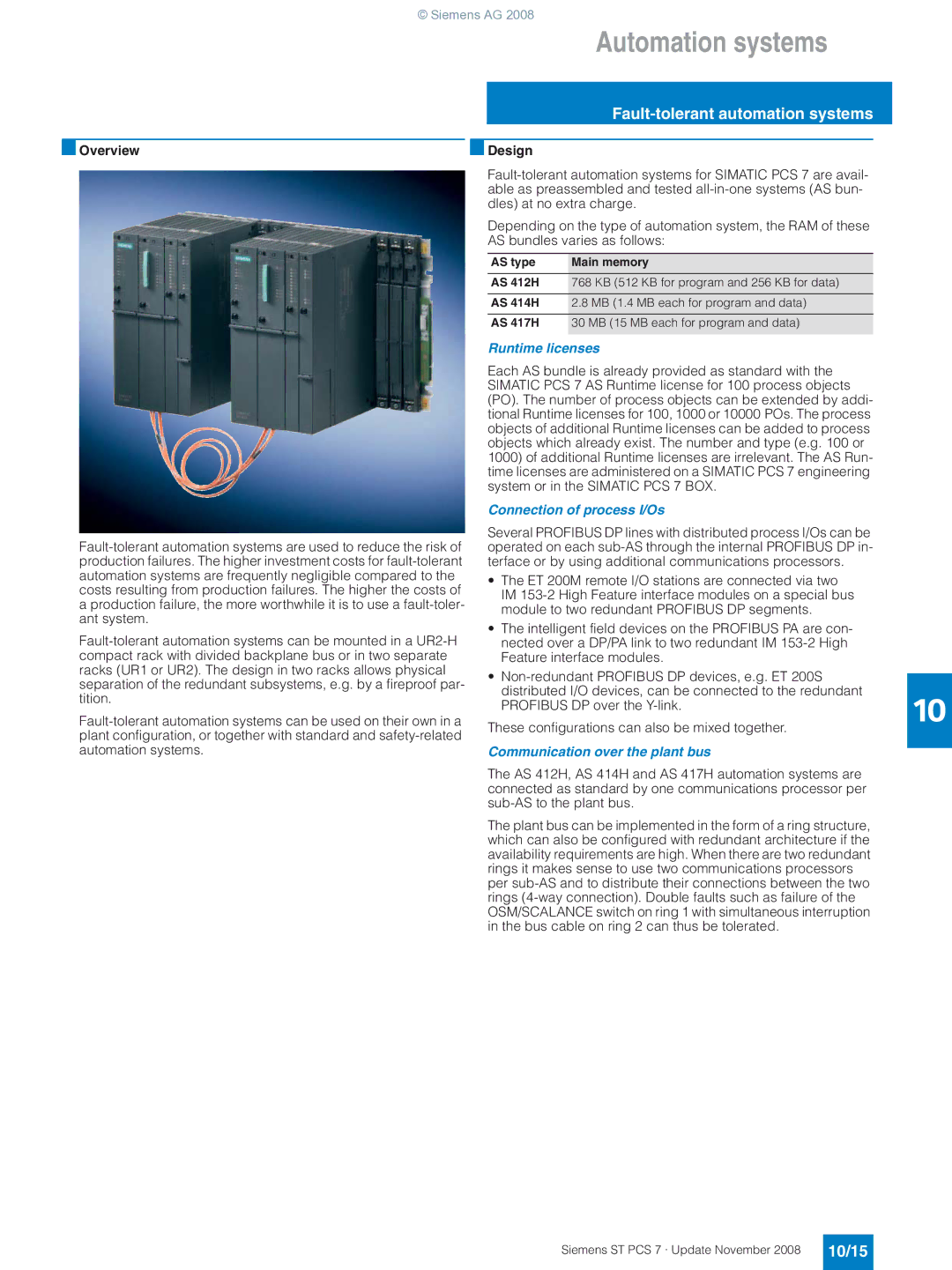 Siemens ST PCS 7 manual Fault-tolerant automation systems, 10/15 