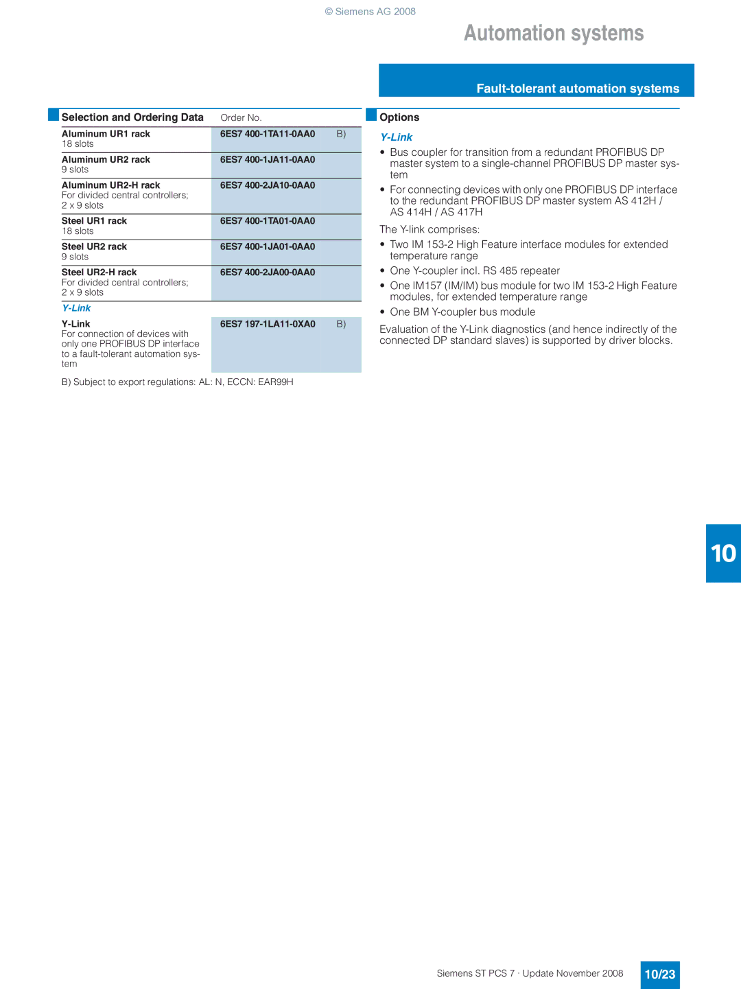 Siemens ST PCS 7 manual 10/23, Selection and Ordering Data Order No Options 