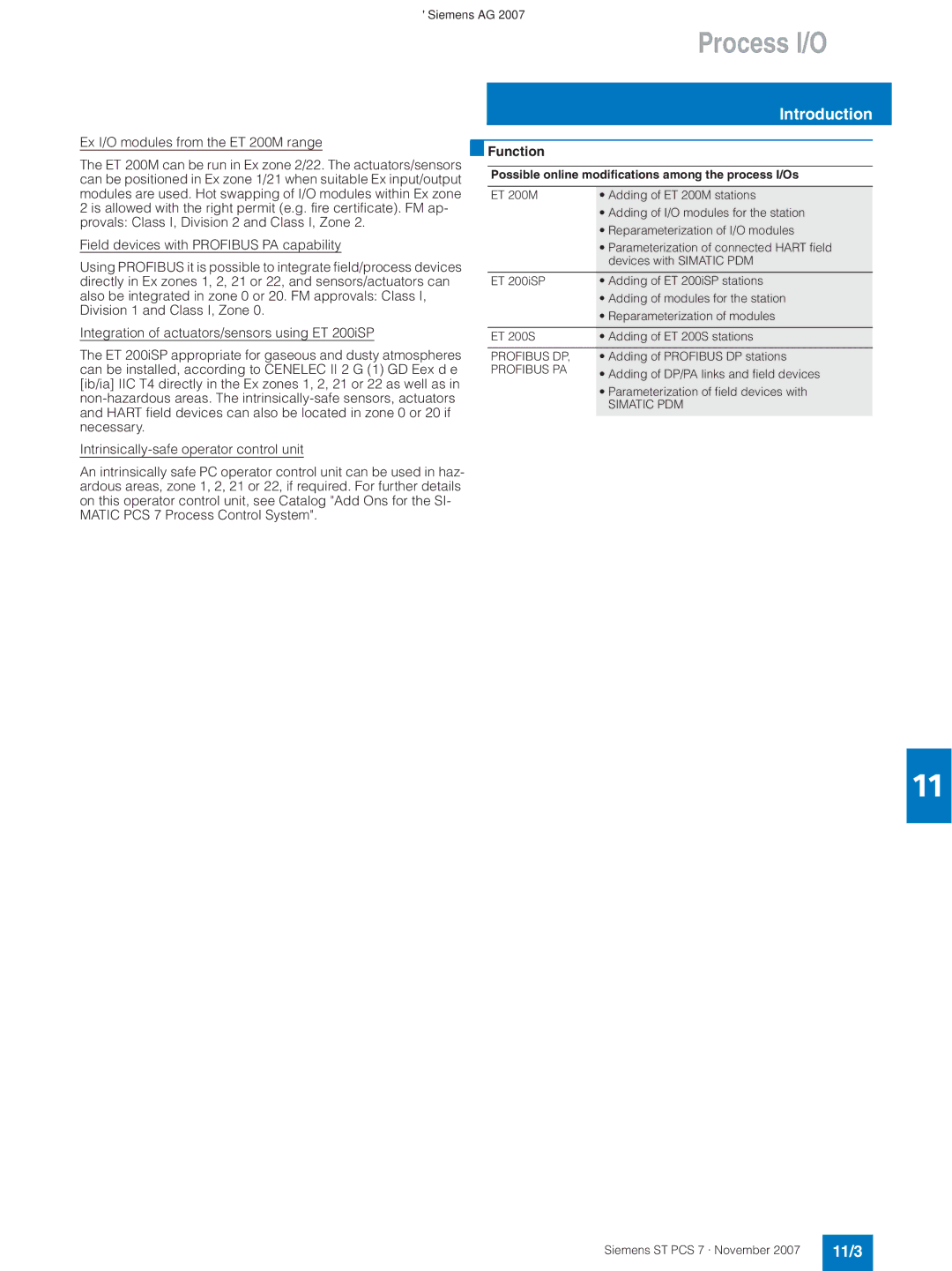 Siemens ST PCS 7 manual 11/3, Possible online modifications among the process I/Os, Profibus PA, Simatic PDM 