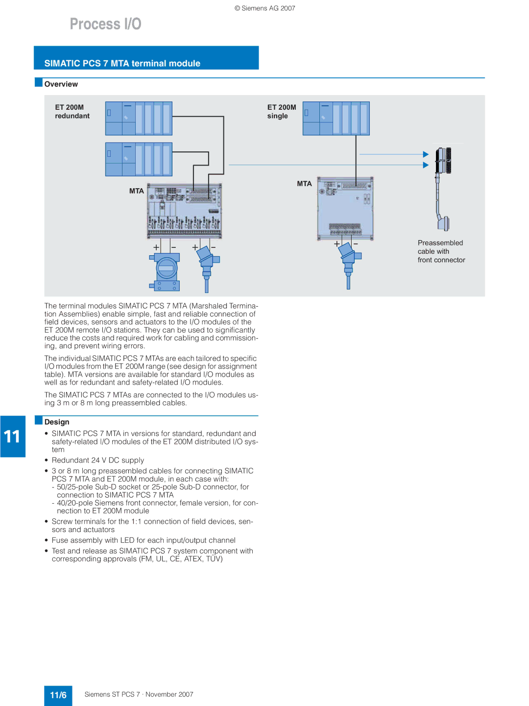 Siemens ST PCS 7 manual Simatic PCS 7 MTA terminal module, 11/6, Overview ET 200M redundant ET 200M single 