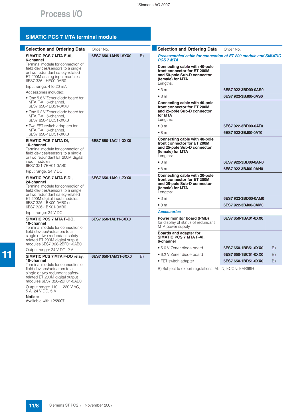 Siemens ST PCS 7 manual 11/8, Simatic PCS 7 MTA F-AI, Simatic PCS 7 MTA DI, Simatic PCS 7 MTA F-DI, Simatic PCS 7 MTA F-DO 