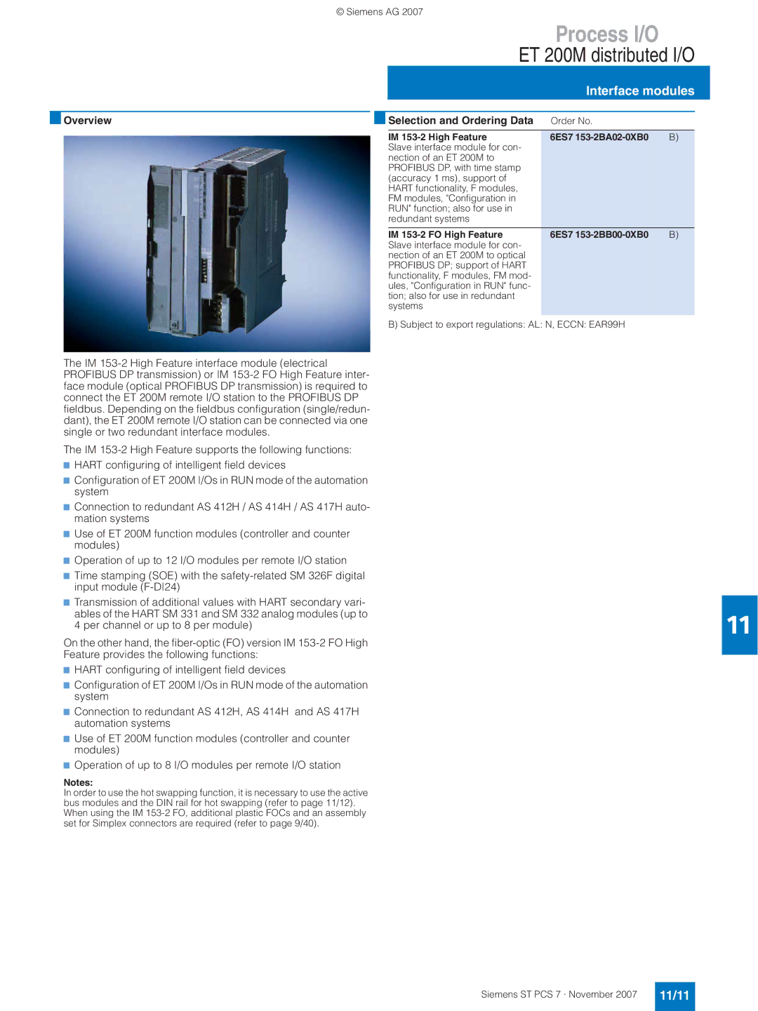 Siemens ST PCS 7 manual Interface modules, 11/11, IM 153-2 High Feature 6ES7 153-2BA02-0XB0 