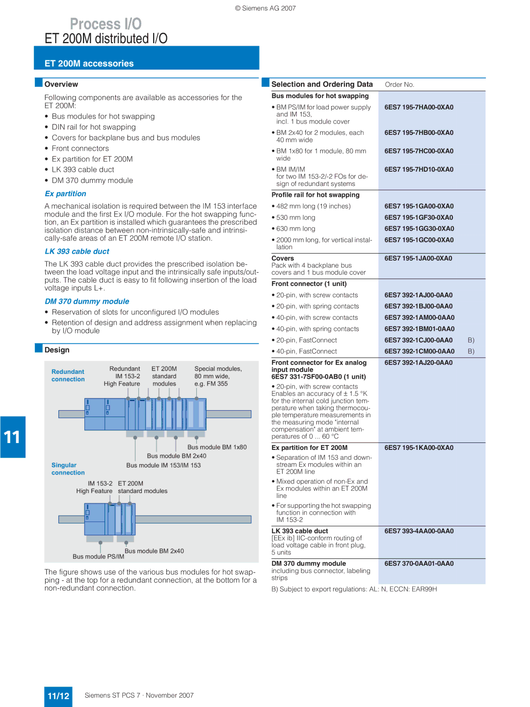 Siemens ST PCS 7 manual ET 200M accessories, 11/12, Ex partition, LK 393 cable duct, DM 370 dummy module 