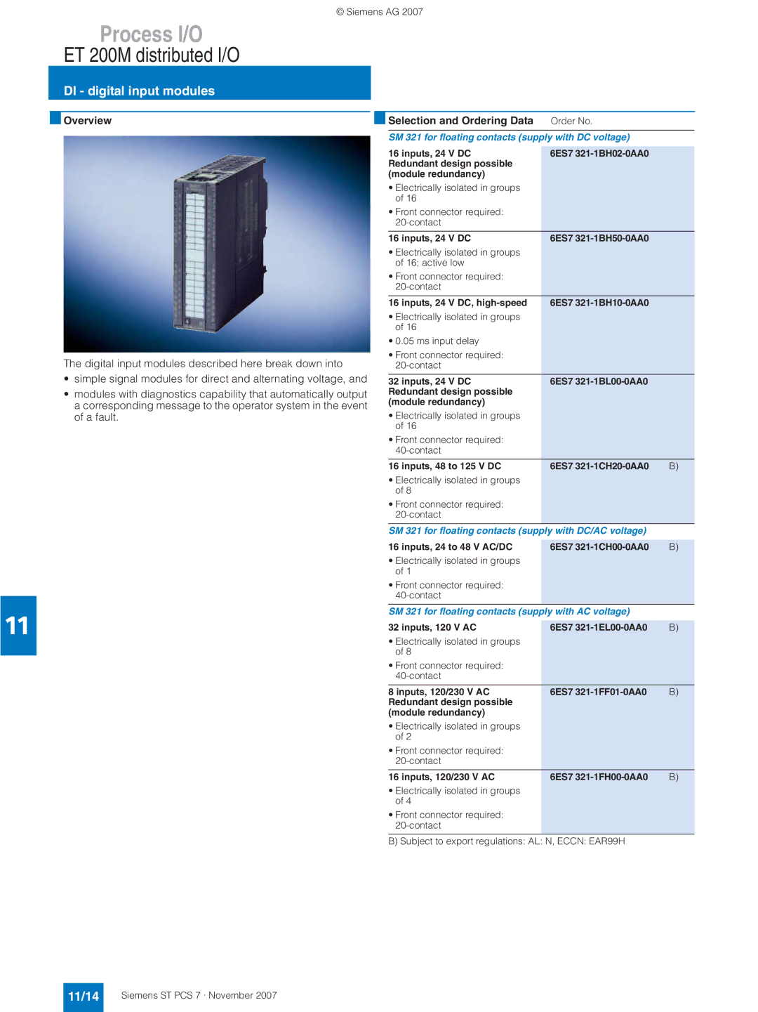 Siemens ST PCS 7 manual DI digital input modules, 11/14, SM 321 for floating contacts supply with DC voltage 