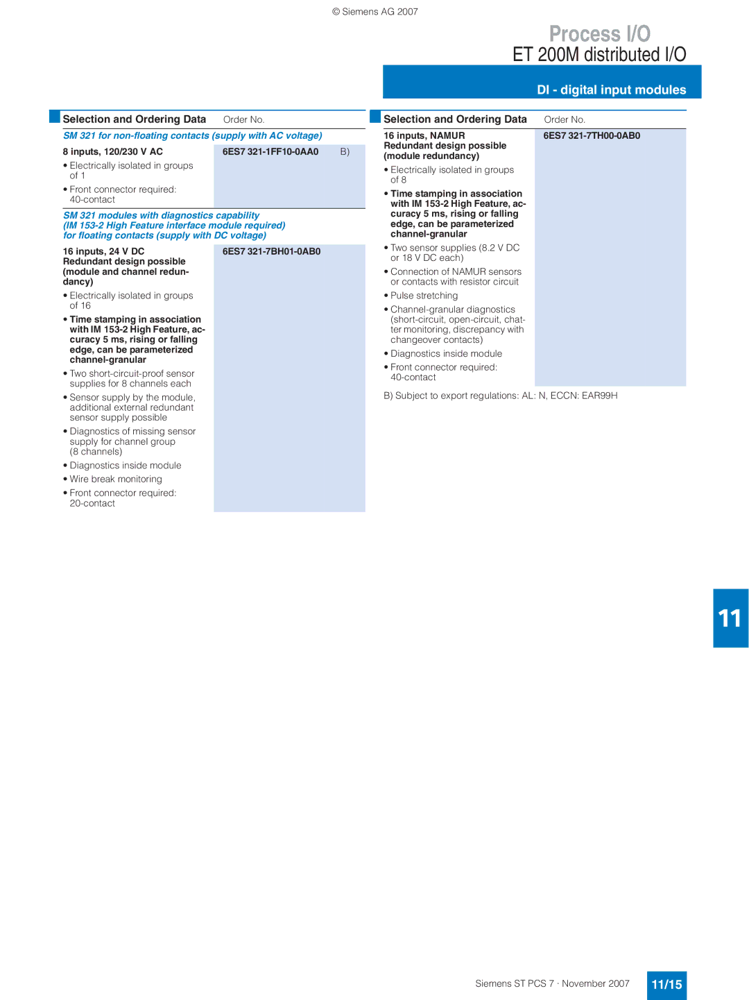 Siemens ST PCS 7 manual 11/15, SM 321 modules with diagnostics capability, IM 153-2 High Feature interface module required 