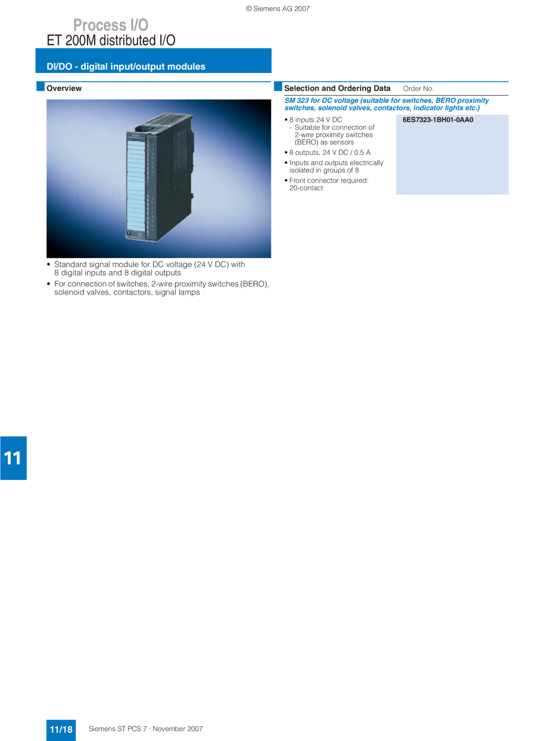 Siemens ST PCS 7 DI/DO digital input/output modules, 11/18, SM 323 for DC voltage suitable for switches, Bero proximity 