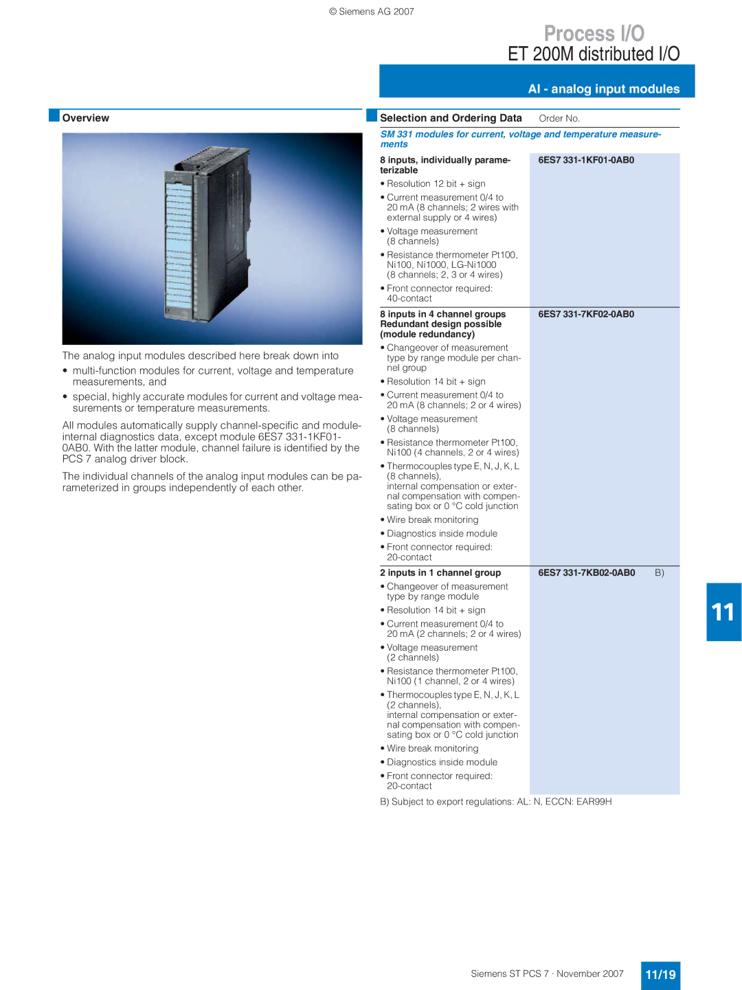 Siemens ST PCS 7 manual AI analog input modules, 11/19 