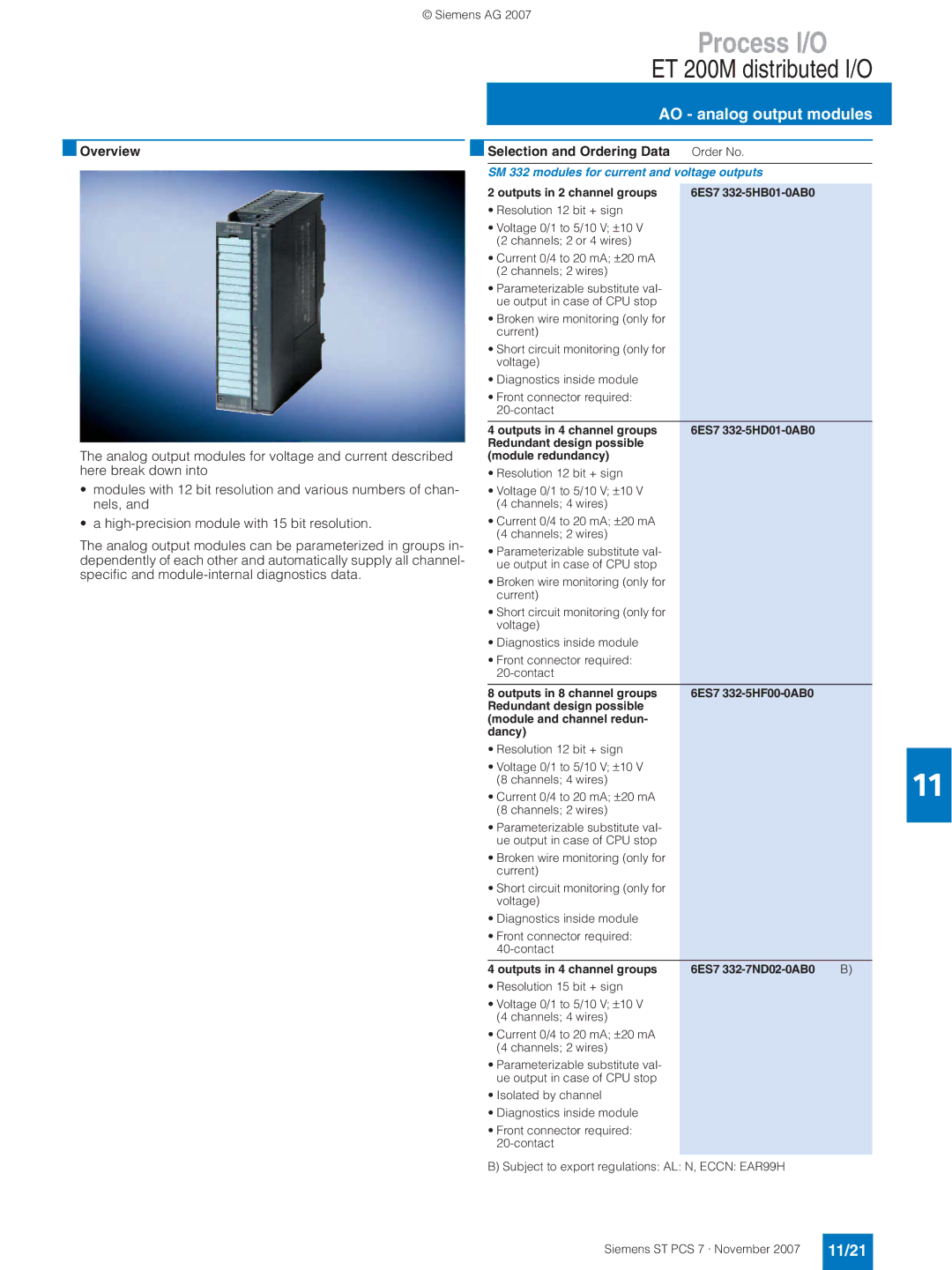 Siemens ST PCS 7 manual AO analog output modules, 11/21, SM 332 modules for current and voltage outputs 