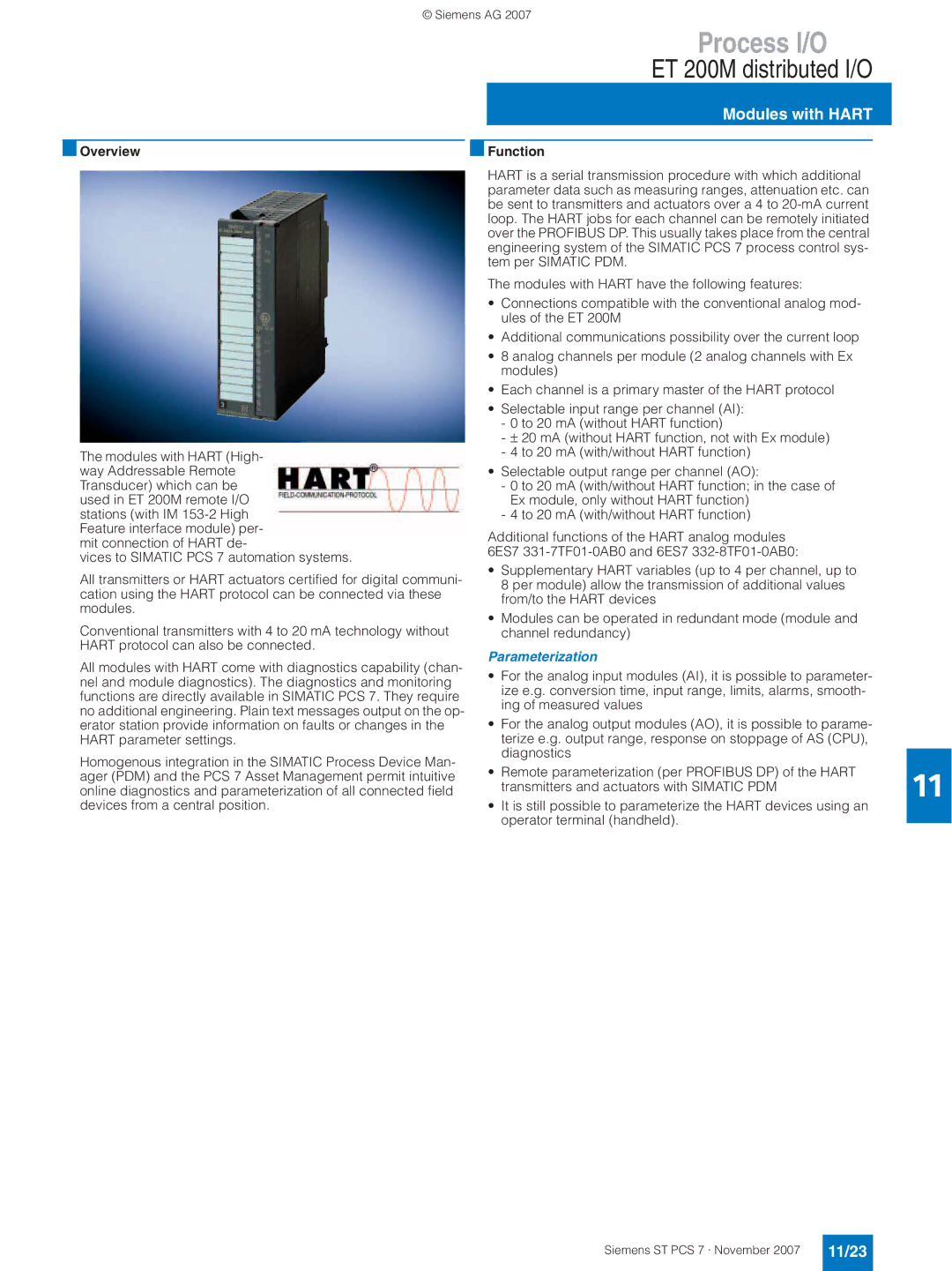 Siemens ST PCS 7 manual Modules with Hart, 11/23, Parameterization 