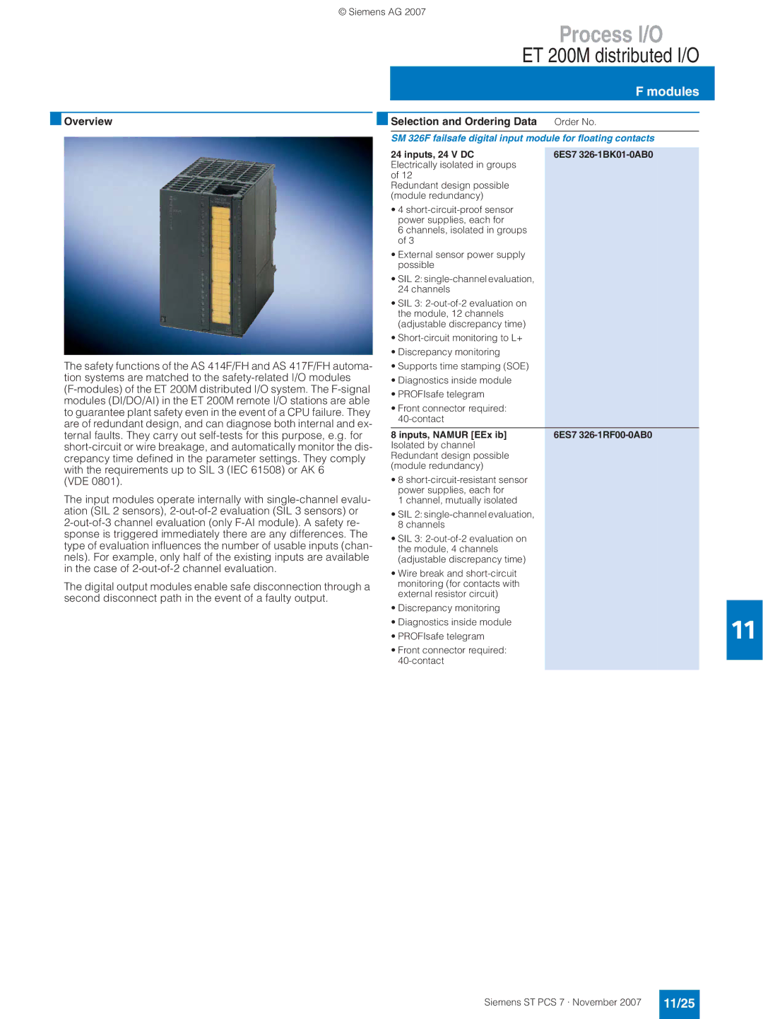 Siemens ST PCS 7 manual Modules, 11/25, SM 326F failsafe digital input module for floating contacts, Inputs, Namur EEx ib 