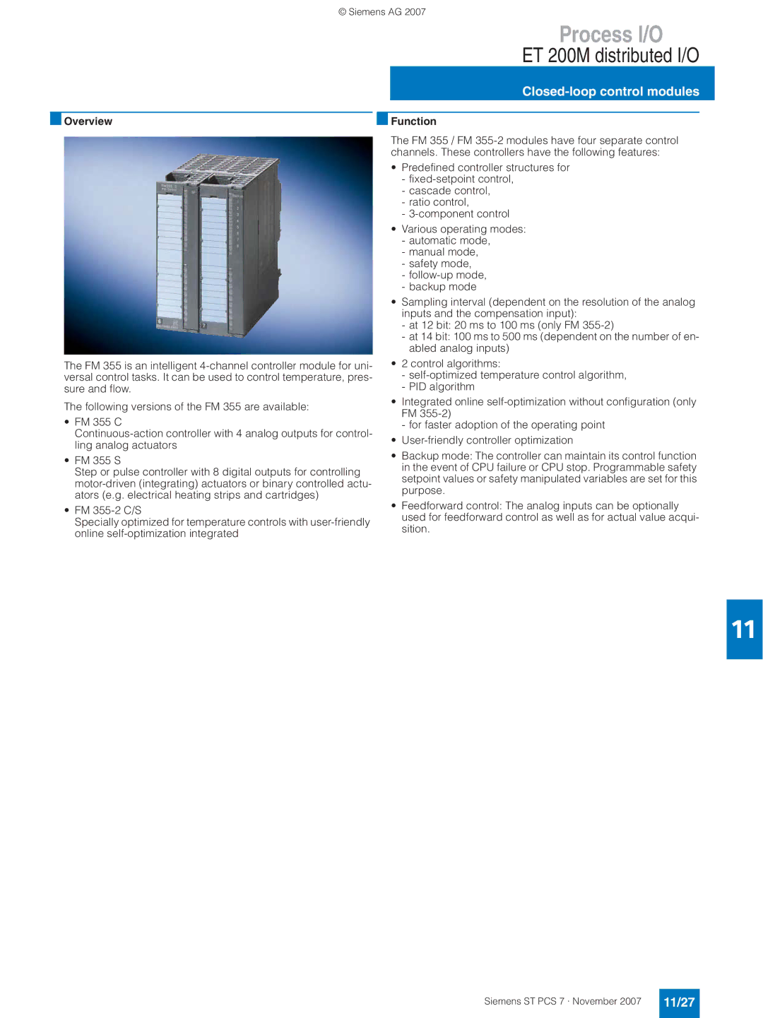 Siemens ST PCS 7 manual Closed-loop control modules, 11/27 