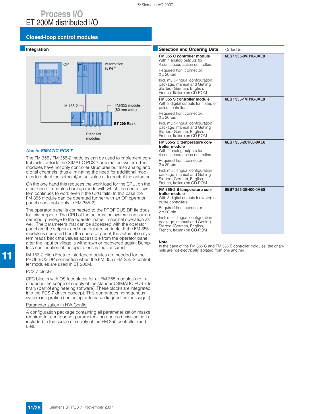 Siemens ST PCS 7 manual 11/28, Integration Selection and Ordering Data Order No, Use in Simatic PCS 