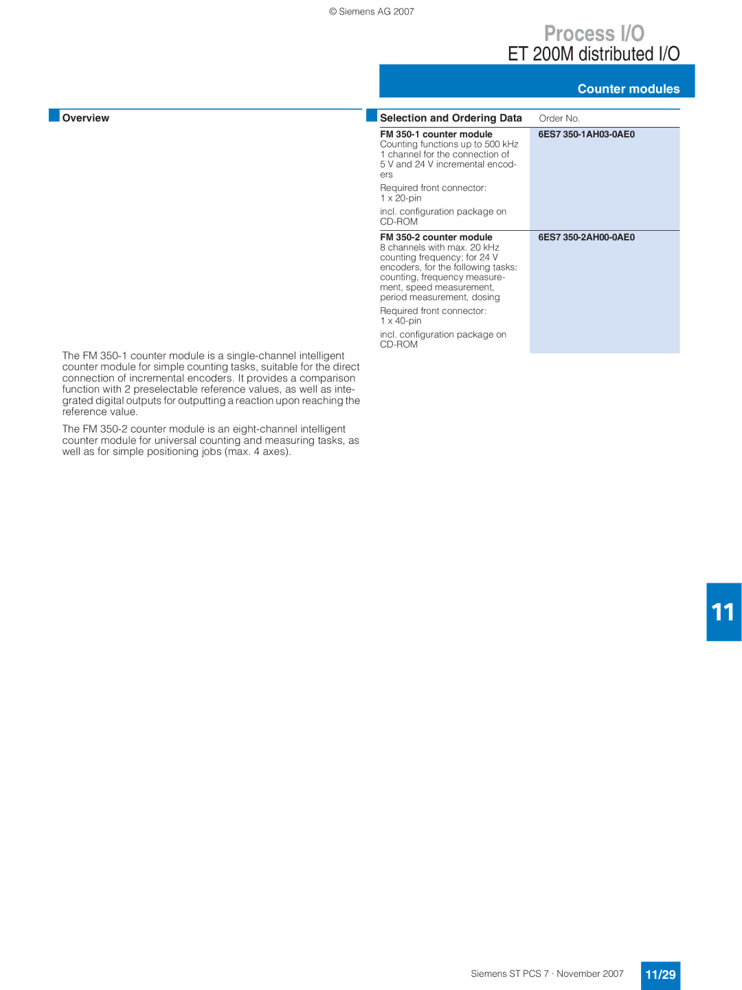 Siemens ST PCS 7 manual Counter modules, 11/29, FM 350-1 counter module 6ES7 350-1AH03-0AE0, Cd-Rom 