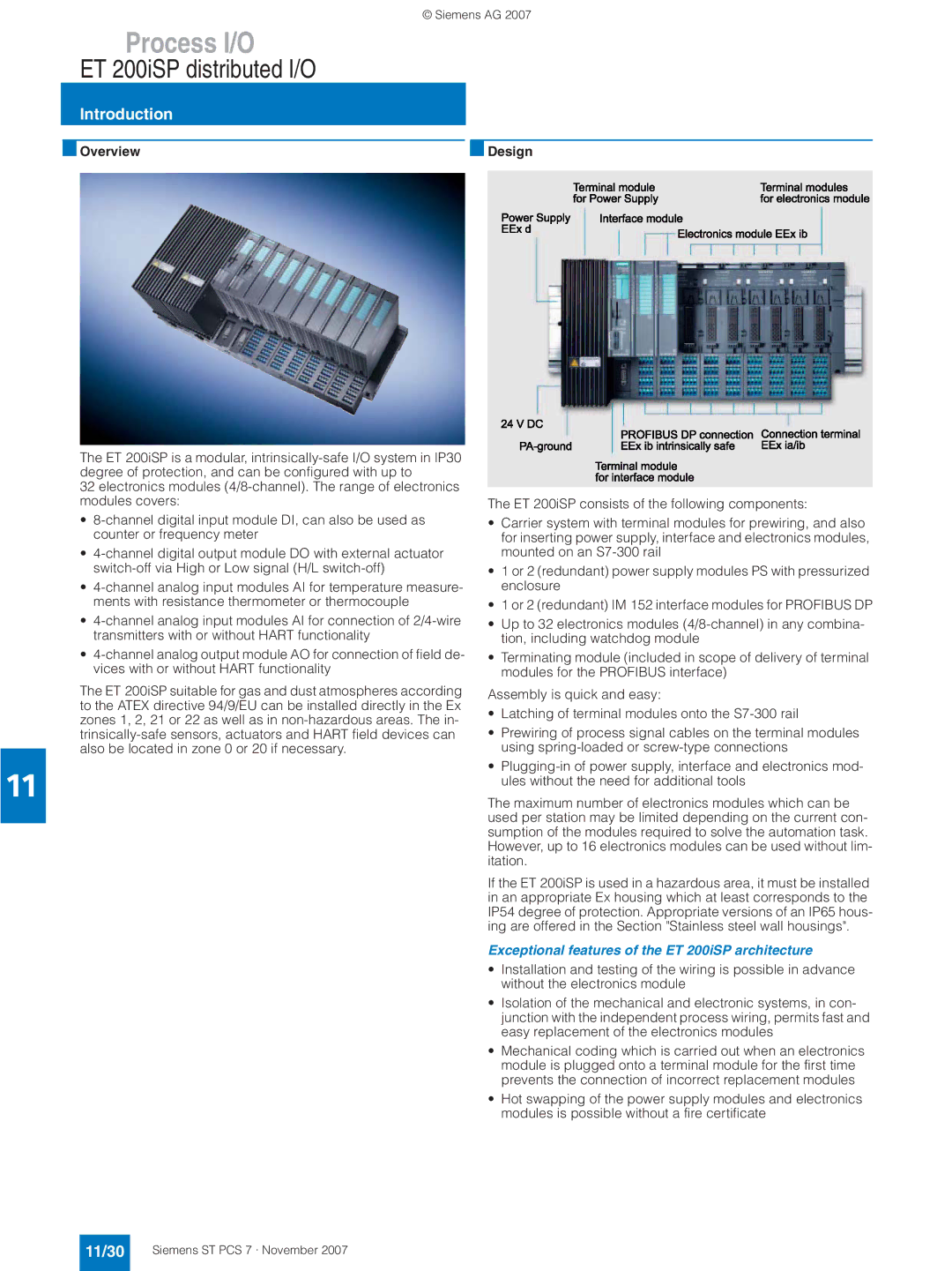 Siemens ST PCS 7 manual ET 200iSP distributed I/O, 11/30, Exceptional features of the ET 200iSP architecture 