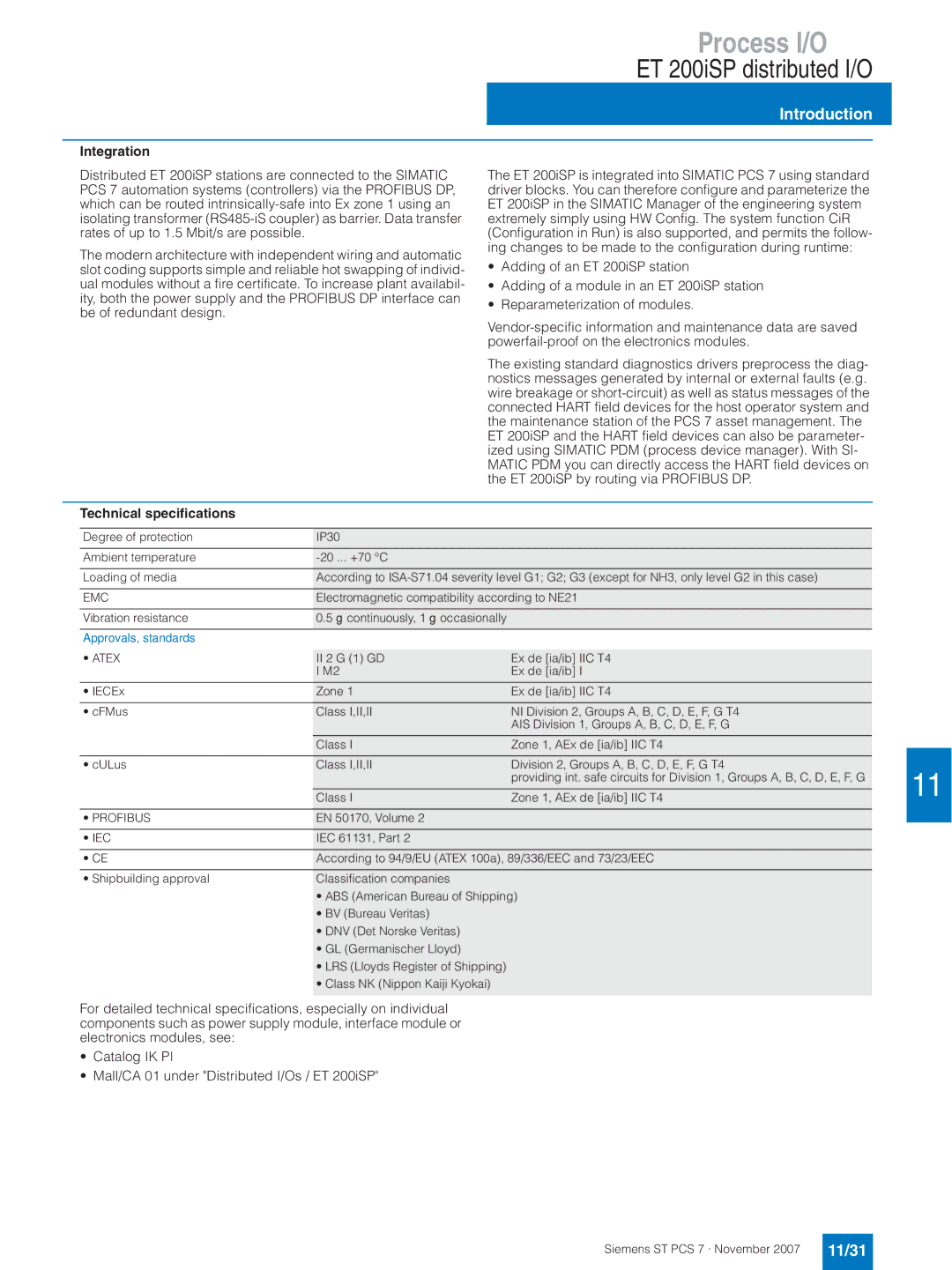 Siemens ST PCS 7 manual 11/31, Approvals, standards, Atex, Profibus, Iec 