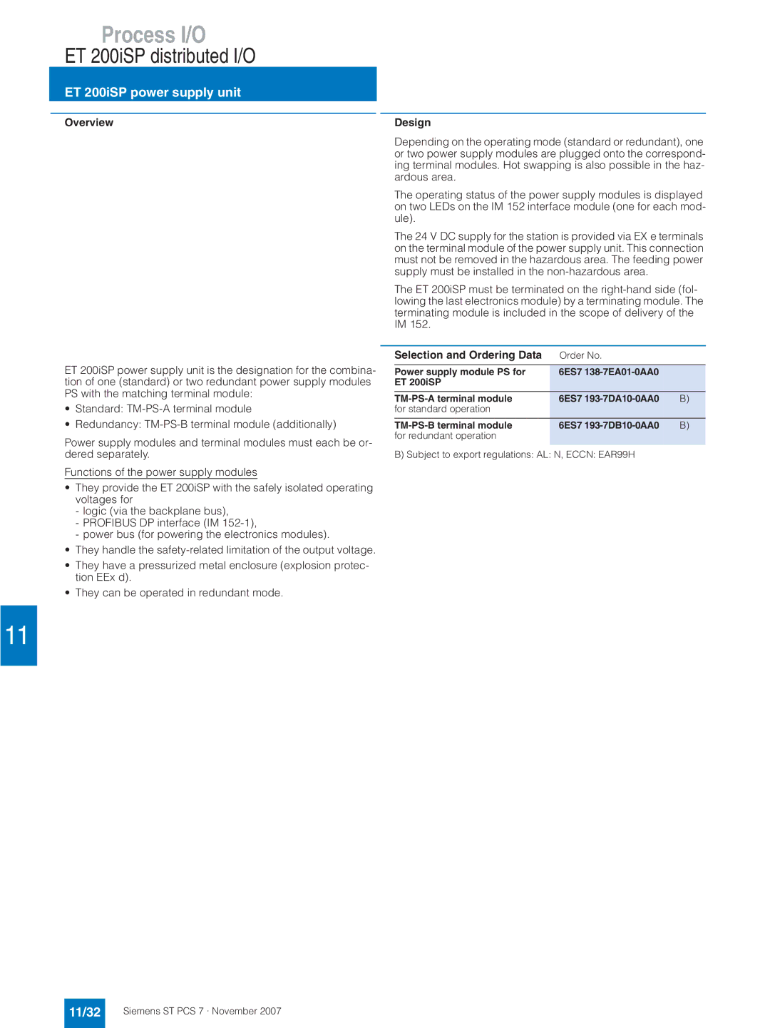 Siemens ST PCS 7 manual ET 200iSP power supply unit, 11/32 