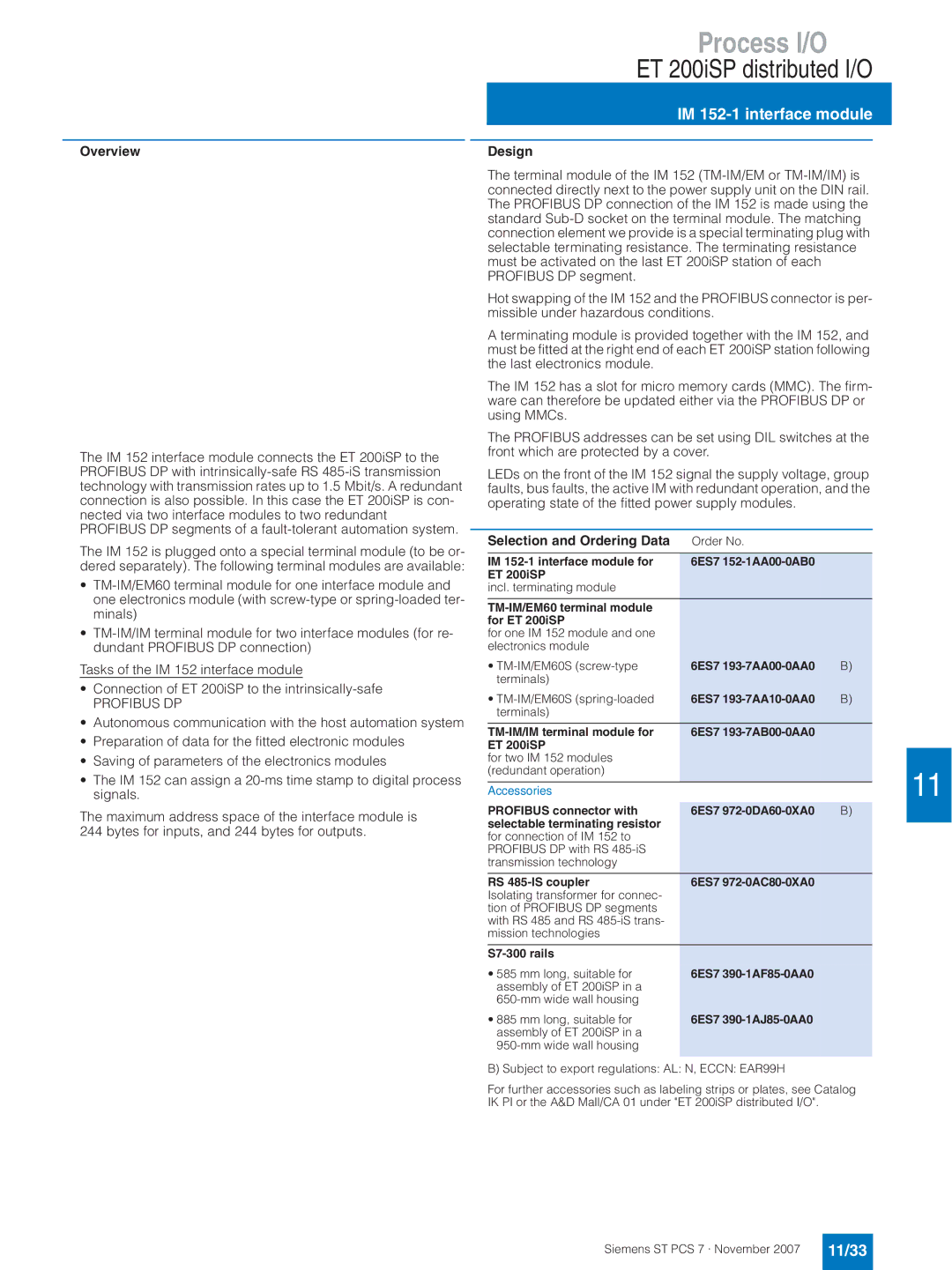 Siemens ST PCS 7 manual IM 152-1 interface module, 11/33, TM-IM/IM terminal module for, S7-300 rails 