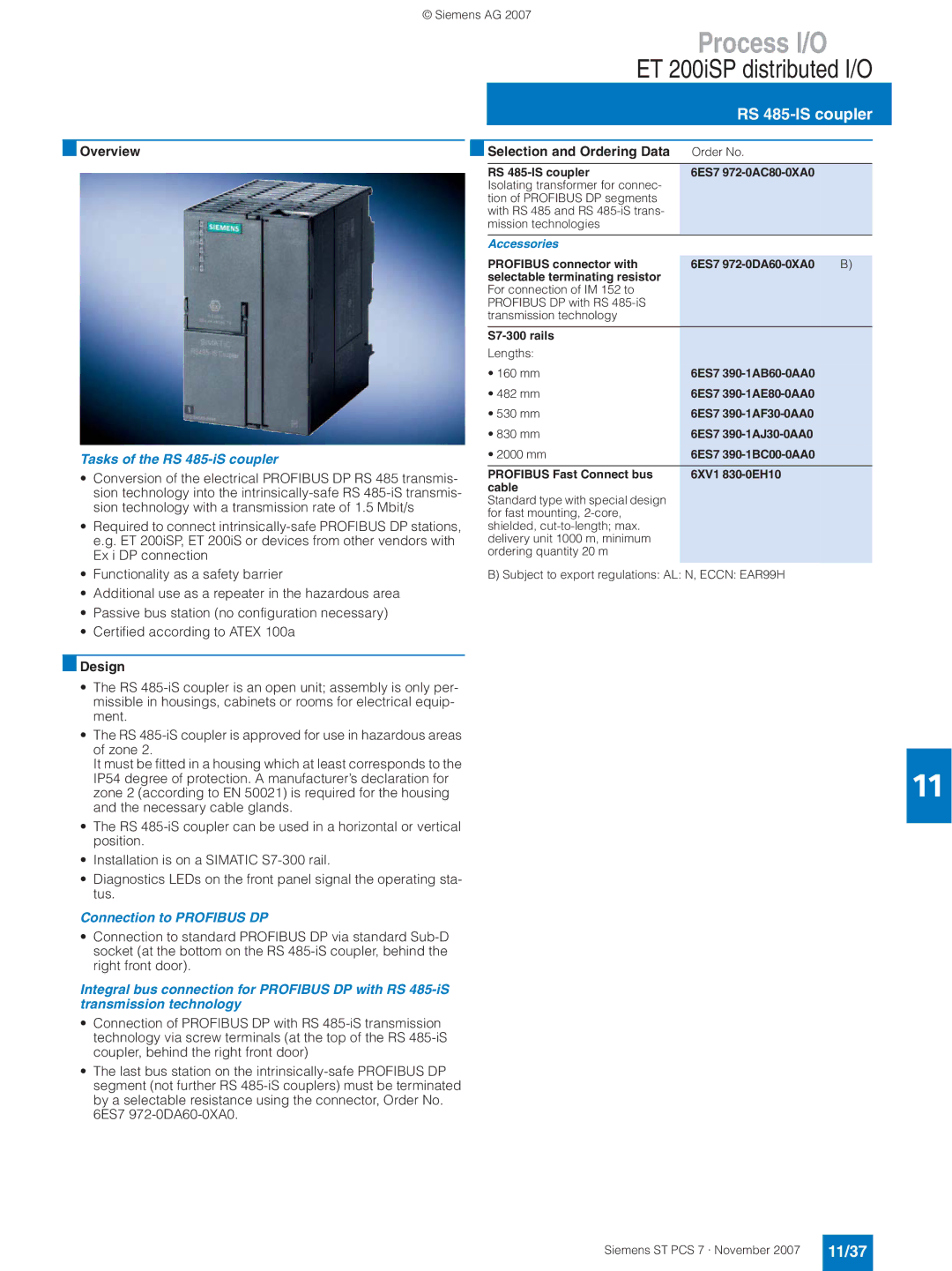 Siemens ST PCS 7 manual RS 485-IS coupler, 11/37, Tasks of the RS 485-iS coupler, Connection to Profibus DP 