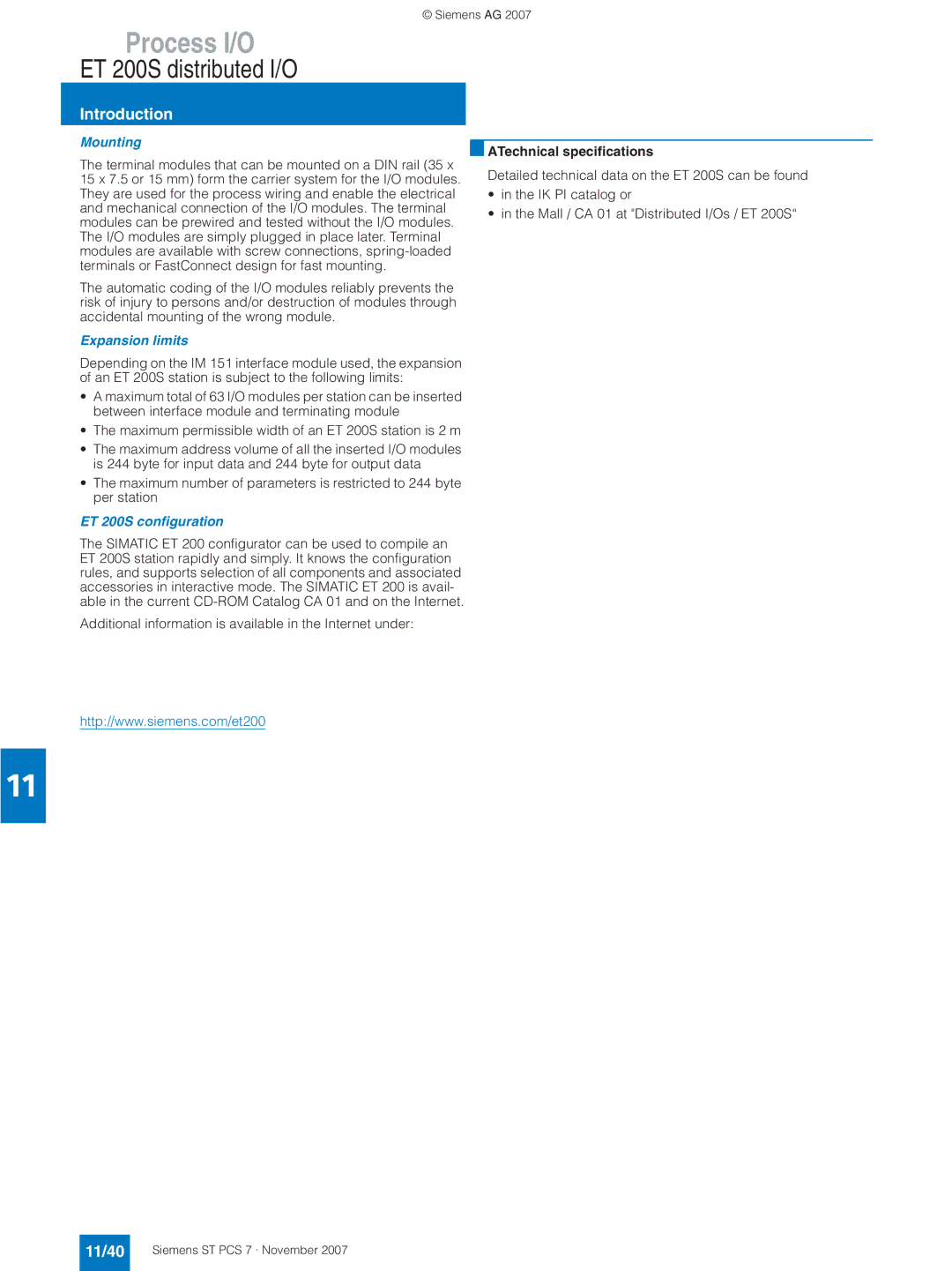 Siemens ST PCS 7 manual 11/40, Mounting, Expansion limits, ATechnical specifications, ET 200S configuration 