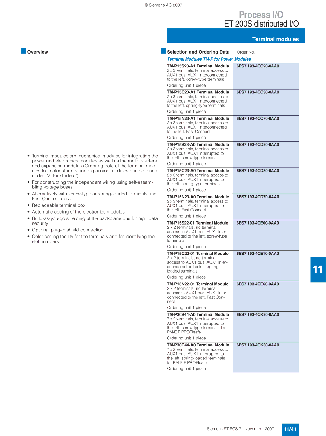Siemens ST PCS 7 manual Terminal modules, 11/41, Terminal Modules TM-P for Power Modules 