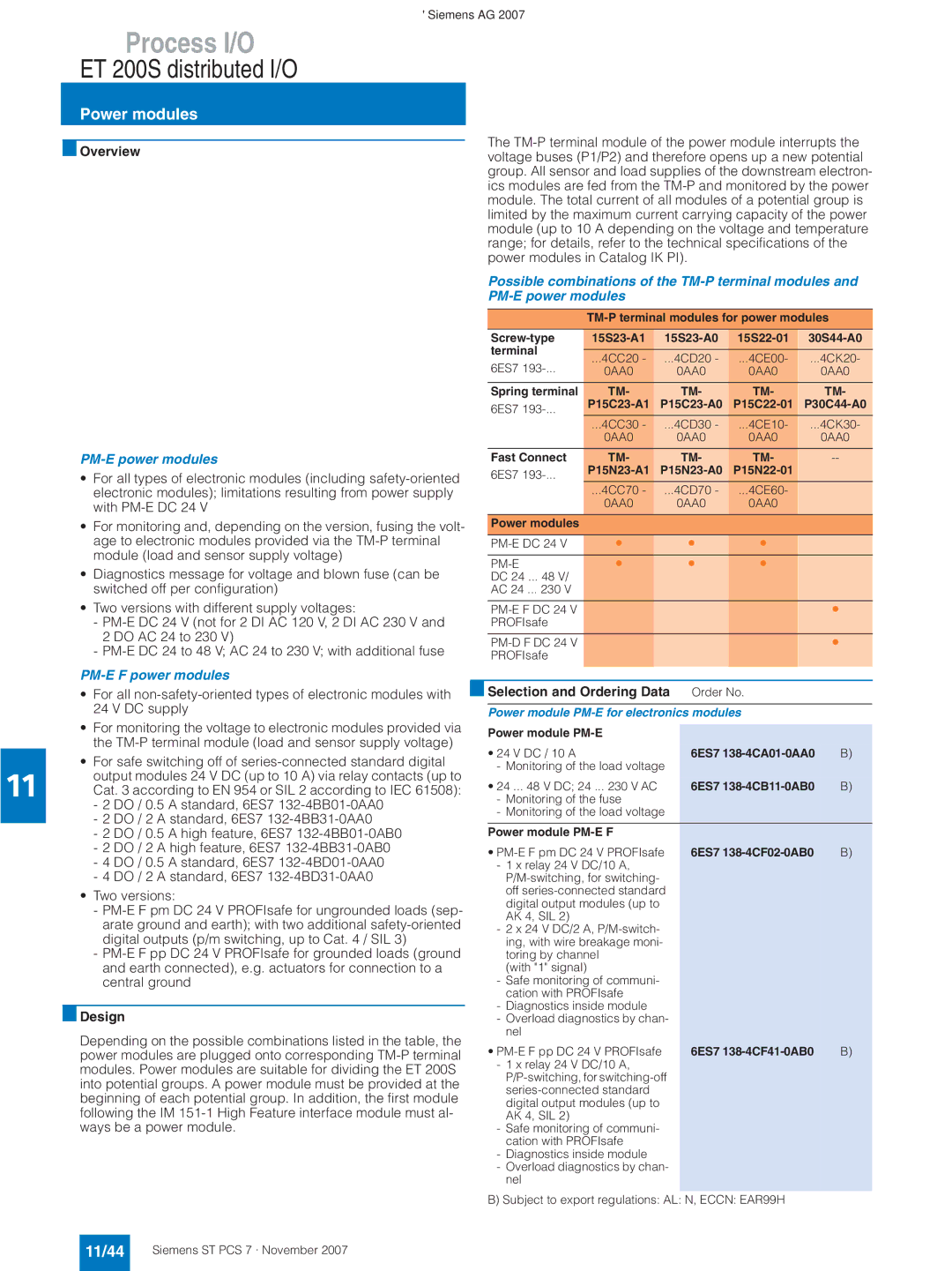 Siemens ST PCS 7 manual Power modules, 11/44, PM-E power modules, PM-E F power modules 