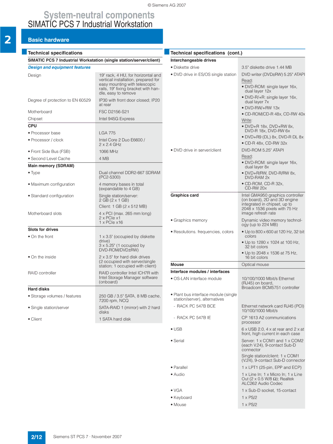 Siemens ST PCS 7 manual Technical specifications, Cpu 