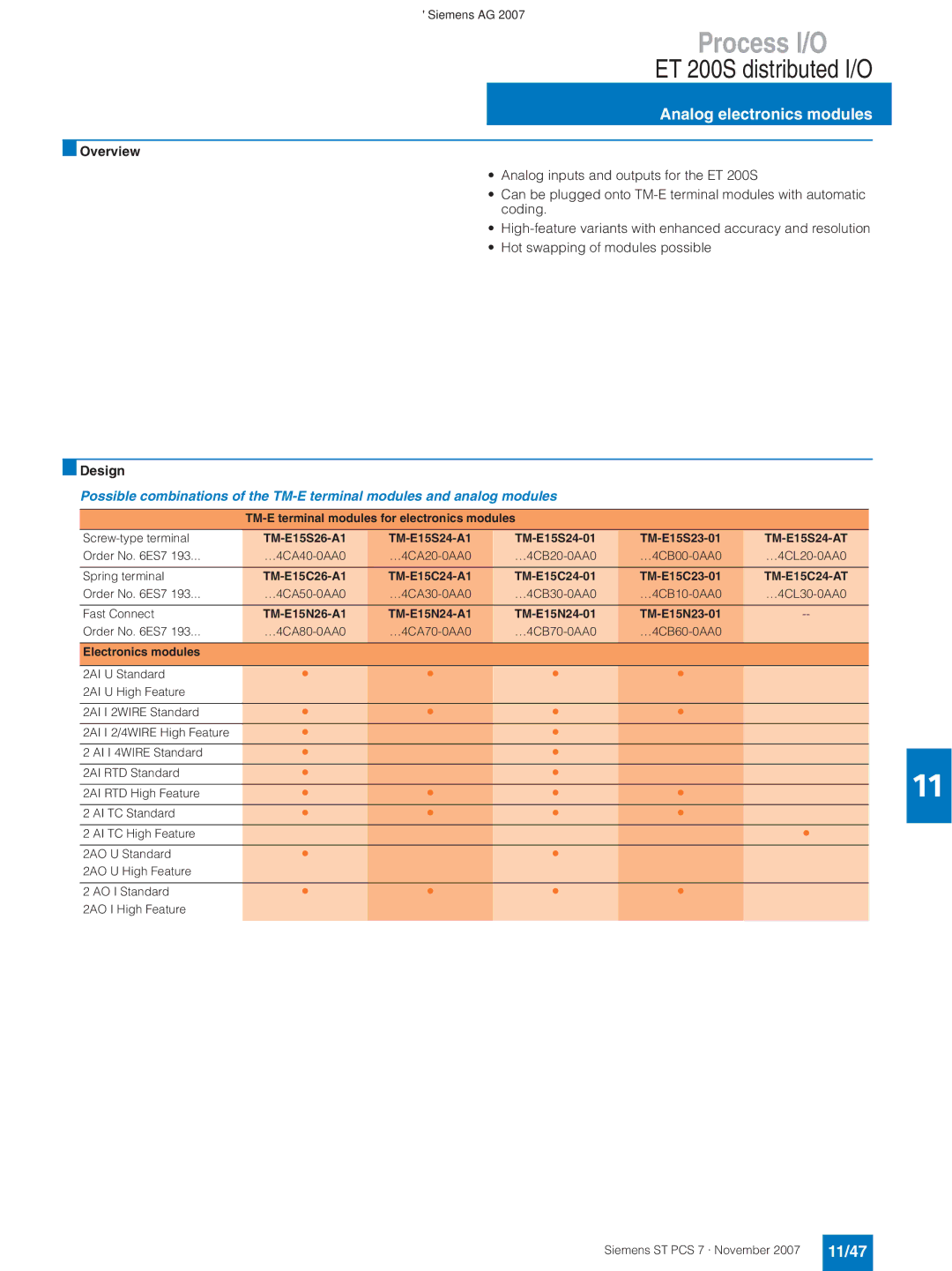 Siemens ST PCS 7 manual Analog electronics modules, 11/47, TM-E terminal modules for electronics modules 