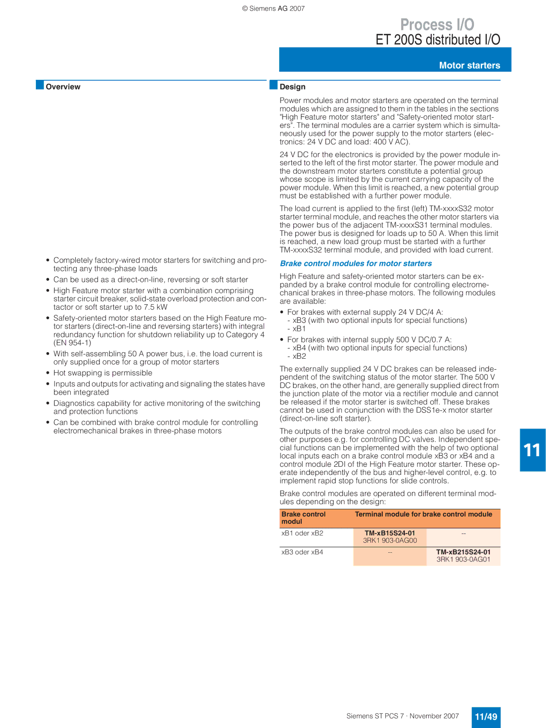 Siemens ST PCS 7 manual Motor starters, 11/49, Brake control modules for motor starters, XB3 oder xB4 TM-xB215S24-01 