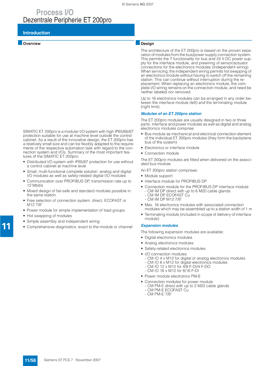 Siemens ST PCS 7 manual Dezentrale Peripherie ET 200pro, 11/56, Modules of an ET 200pro station, Expansion modules 