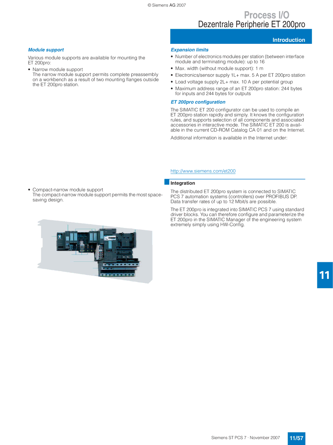 Siemens ST PCS 7 manual 11/57, Module support, ET 200pro configuration 