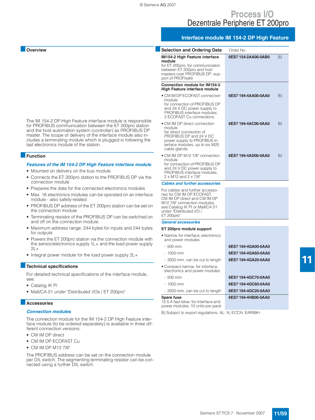 Siemens ST PCS 7 manual Interface module IM 154-2 DP High Feature, 11/59, Connection modules 