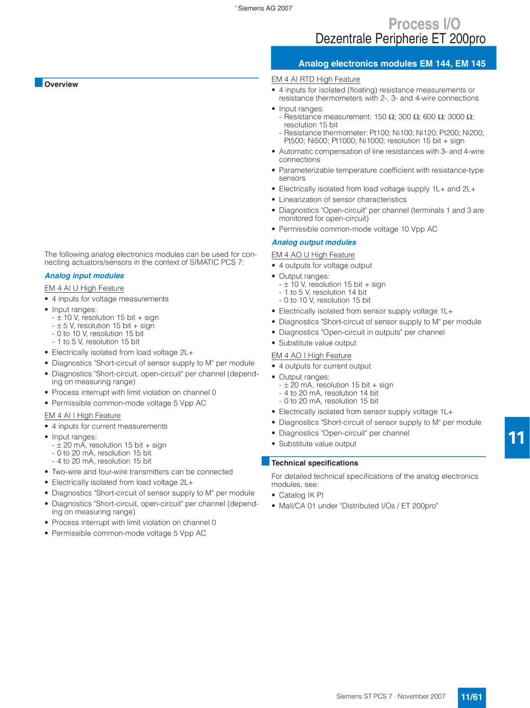 Siemens ST PCS 7 manual Analog electronics modules EM 144, EM, 11/61, Analog output modules, Analog input modules 