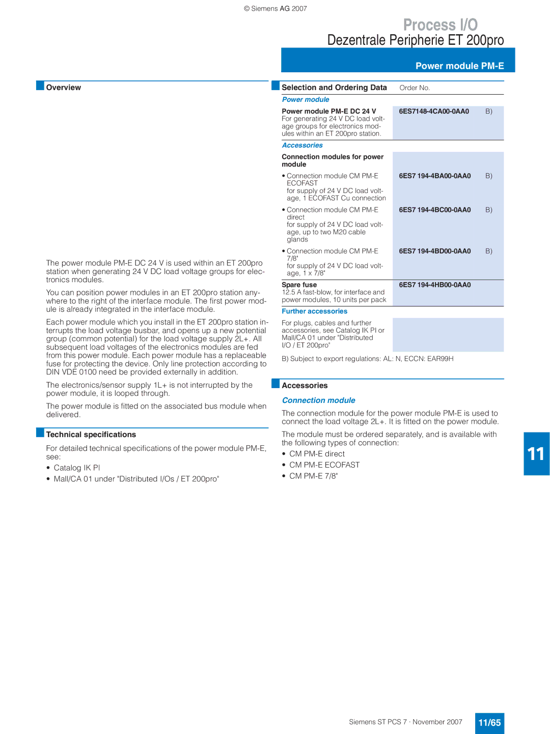 Siemens ST PCS 7 manual Power module PM-E, 11/65, Connection module 