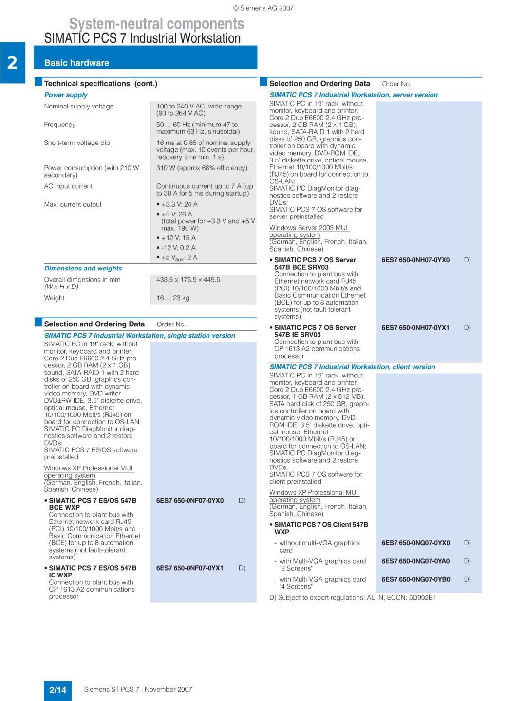 Siemens ST PCS 7 manual Selection and Ordering Data Order No, Power supply, Dimensions and weights 