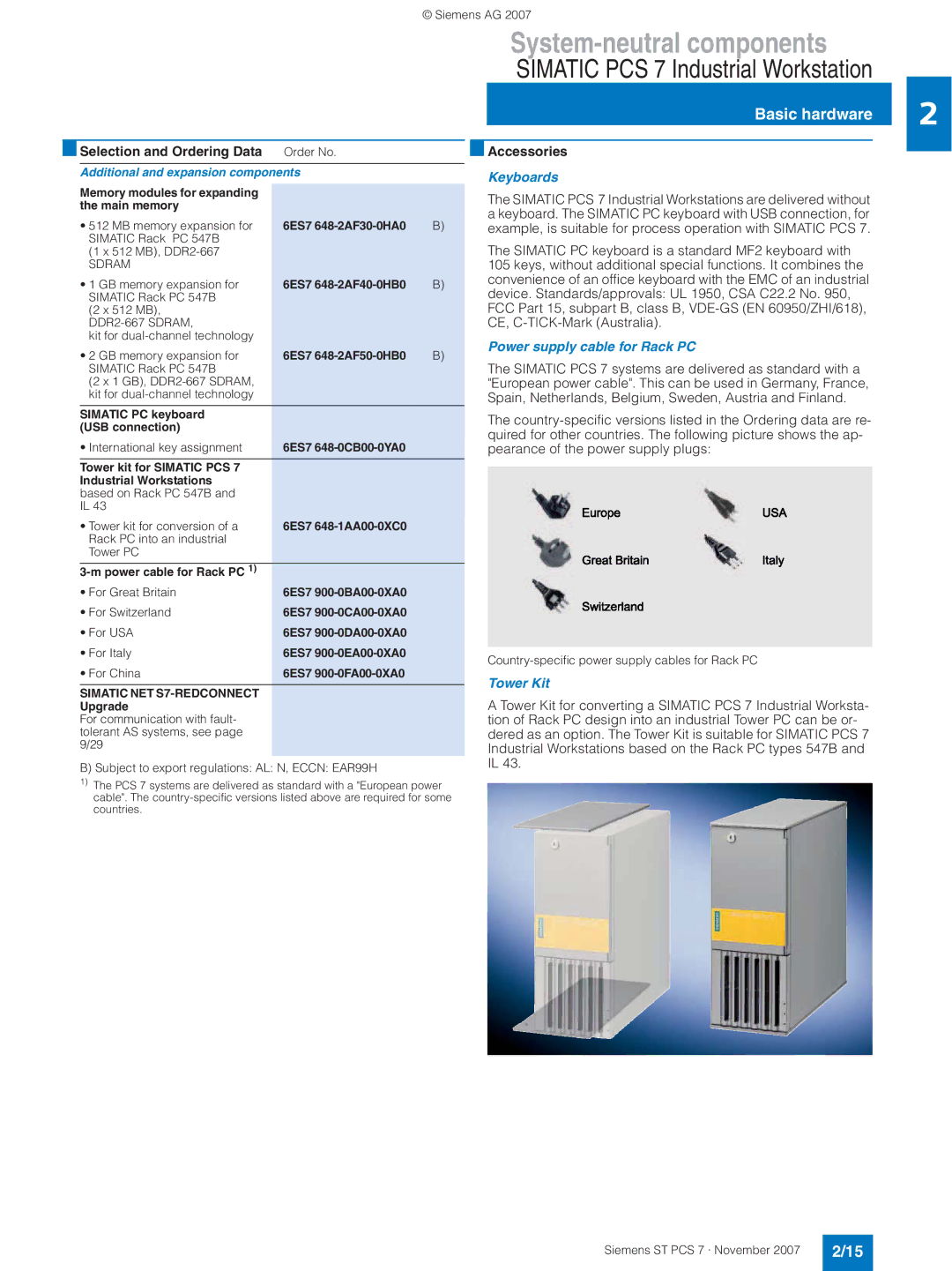 Siemens ST PCS 7 Accessories, Keyboards, Power supply cable for Rack PC, Tower Kit, Additional and expansion components 