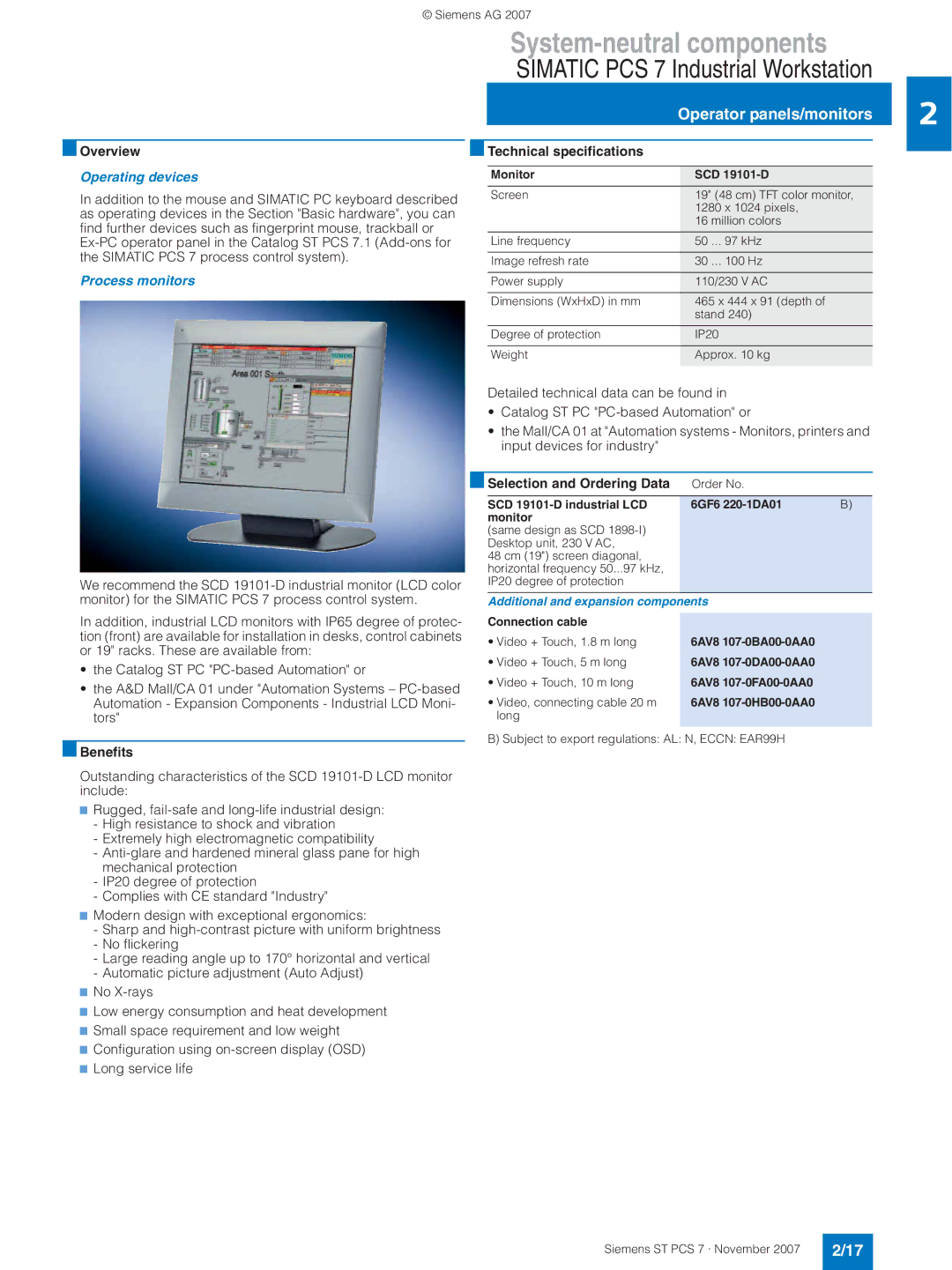 Siemens ST PCS 7 manual Operator panels/monitors, Operating devices, Process monitors 