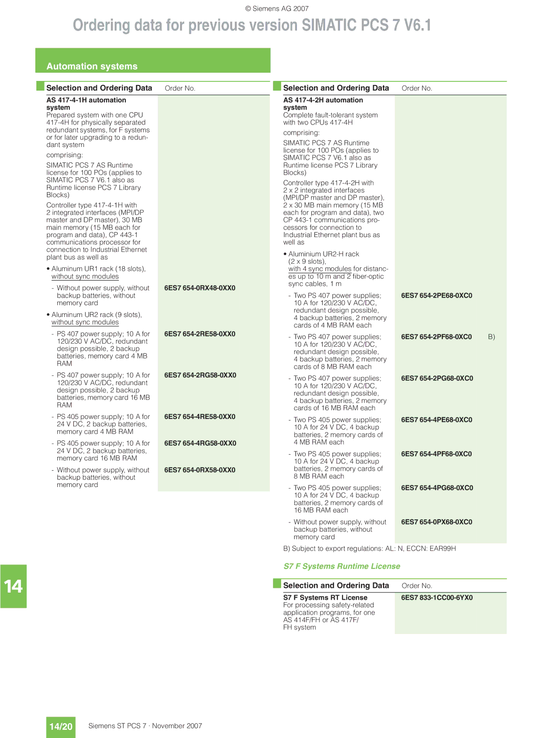 Siemens ST PCS 7 manual 14/20, S7 F Systems Runtime License 