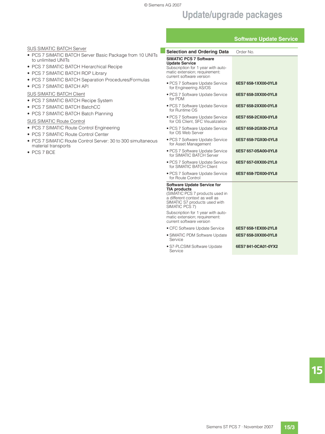 Siemens ST PCS 7 manual 15/3, Simatic PCS 7 Software Update Service, Software Update Service for TIA products 