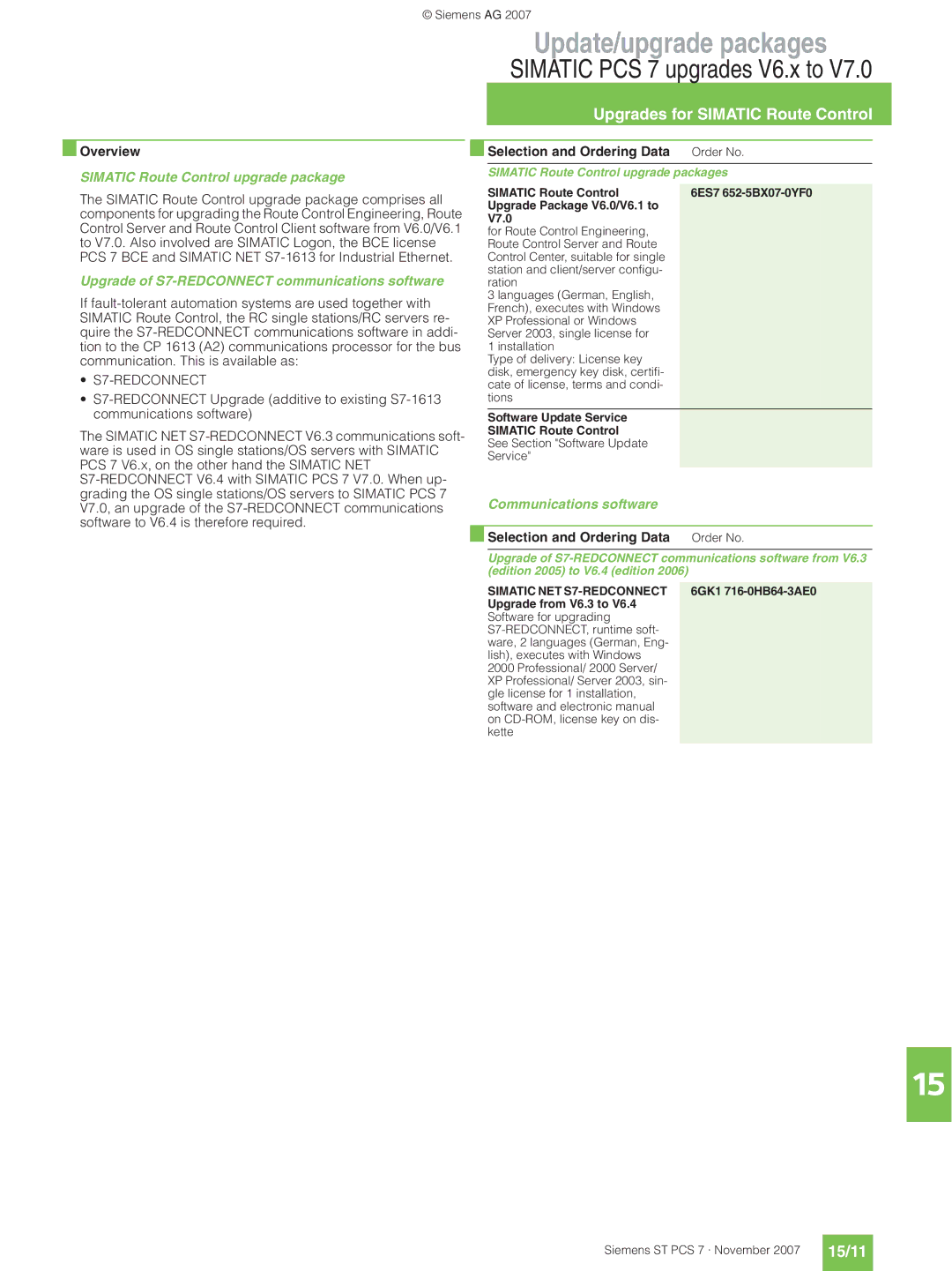 Siemens ST PCS 7 manual Upgrades for Simatic Route Control, 15/11, Simatic Route Control upgrade package 