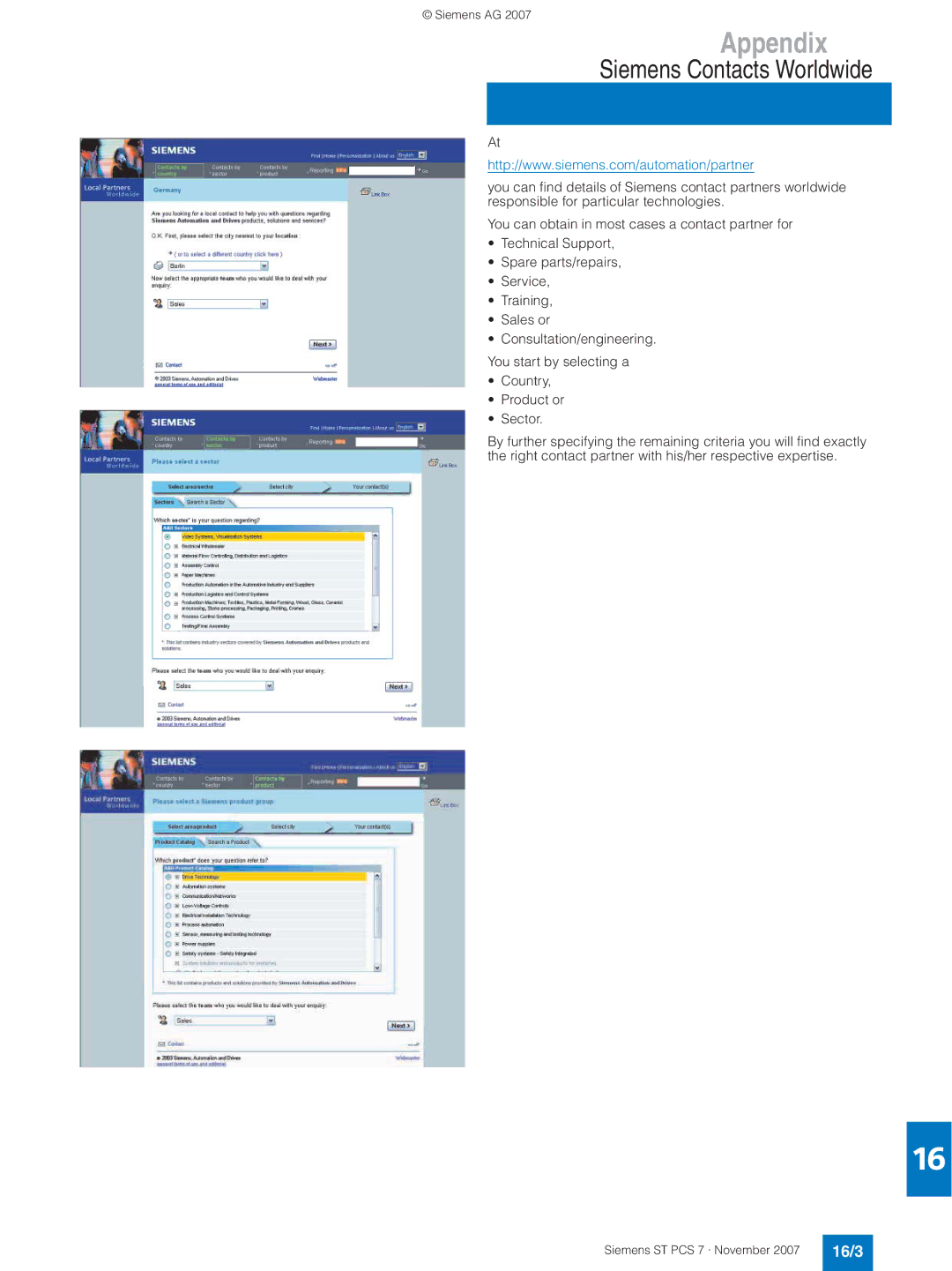 Siemens ST PCS 7 manual Siemens Contacts Worldwide, 16/3 