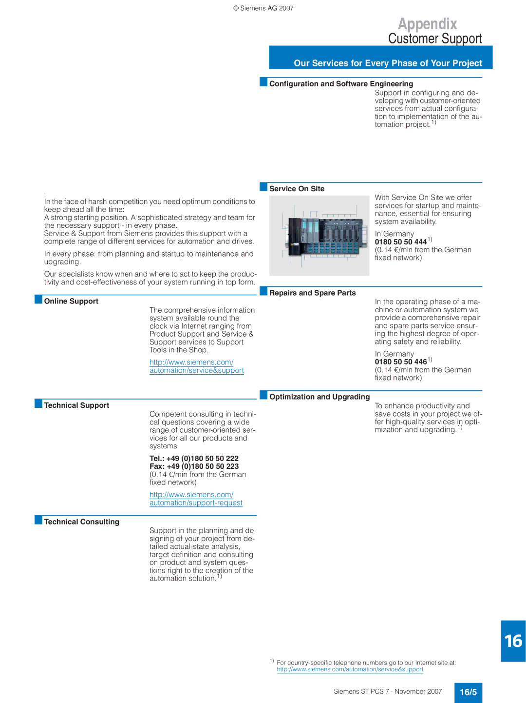 Siemens ST PCS 7 manual Customer Support, Our Services for Every Phase of Your Project, 16/5 