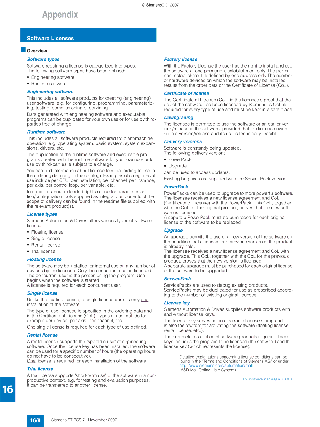 Siemens ST PCS 7 manual Software Licenses, 16/8 