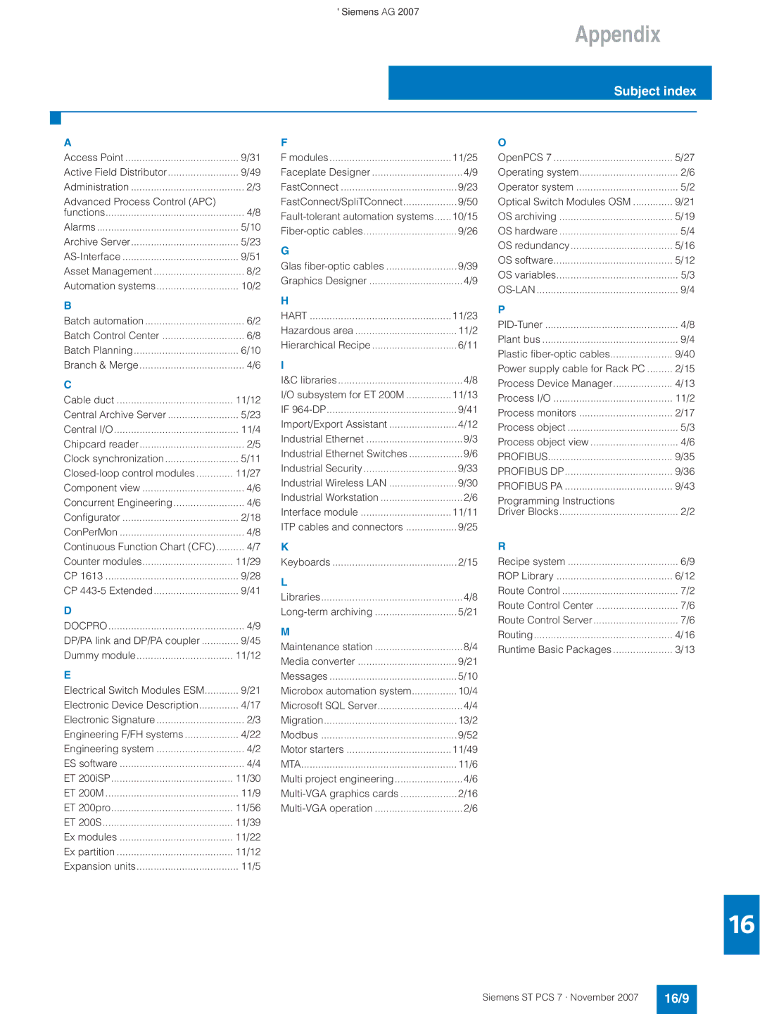 Siemens ST PCS 7 manual Subject index, 16/9 