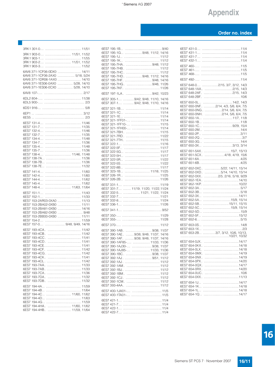 Siemens ST PCS 7 manual Order no. index, 16/11 