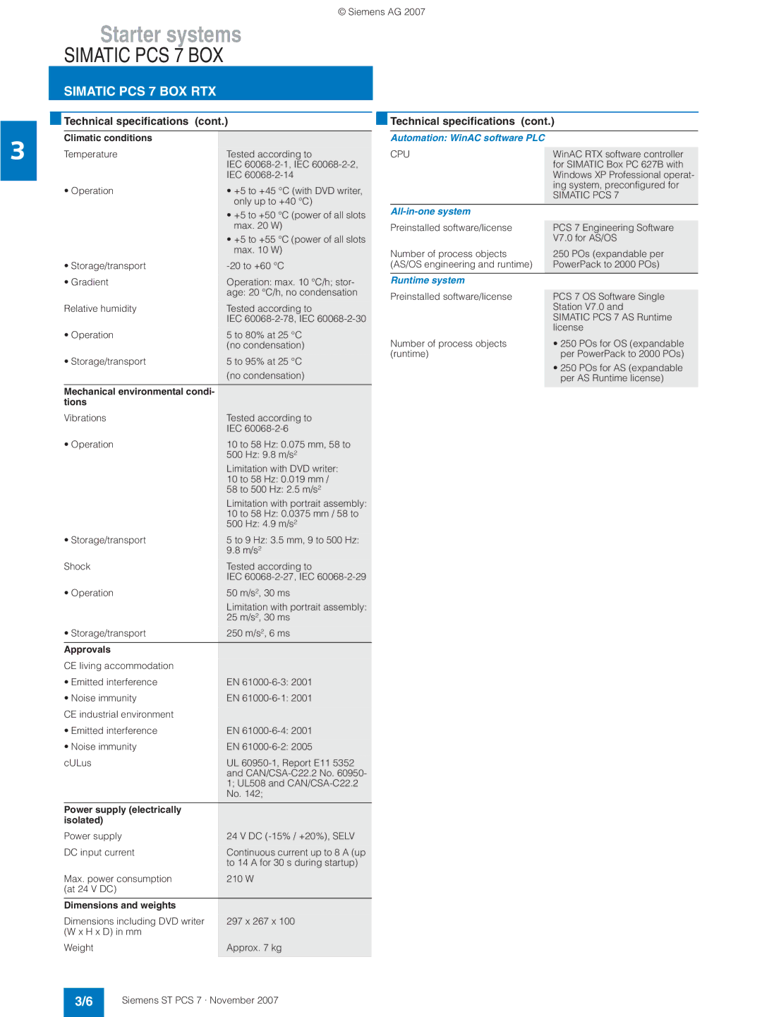 Siemens ST PCS 7 manual Technical specifications Cont, Automation WinAC software PLC, All-in-one system, Runtime system 