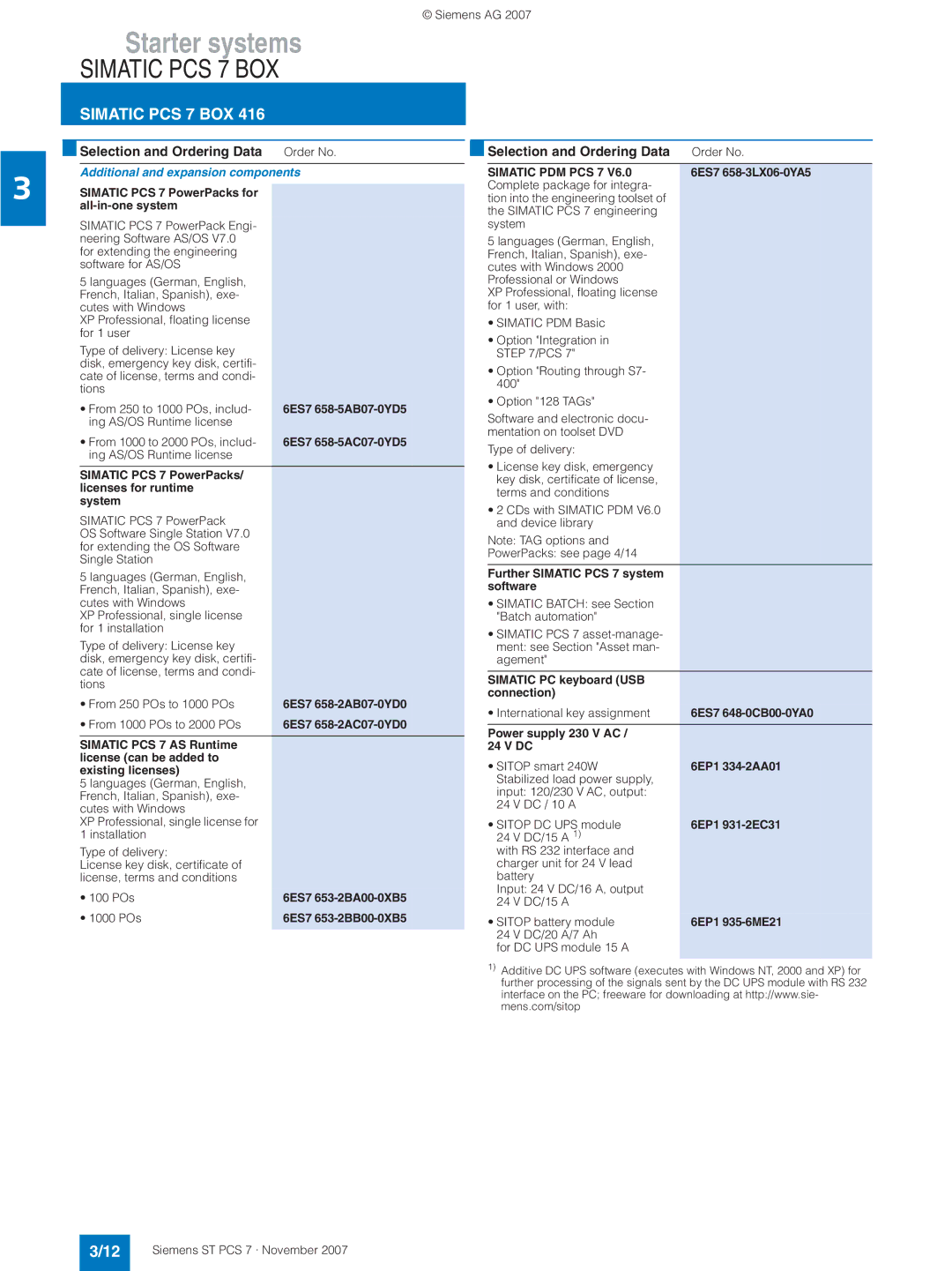 Siemens ST PCS 7 manual Simatic PCS 7 PowerPacks Licenses for runtime System, Power supply 230 V AC, 6EP1 334-2AA01 