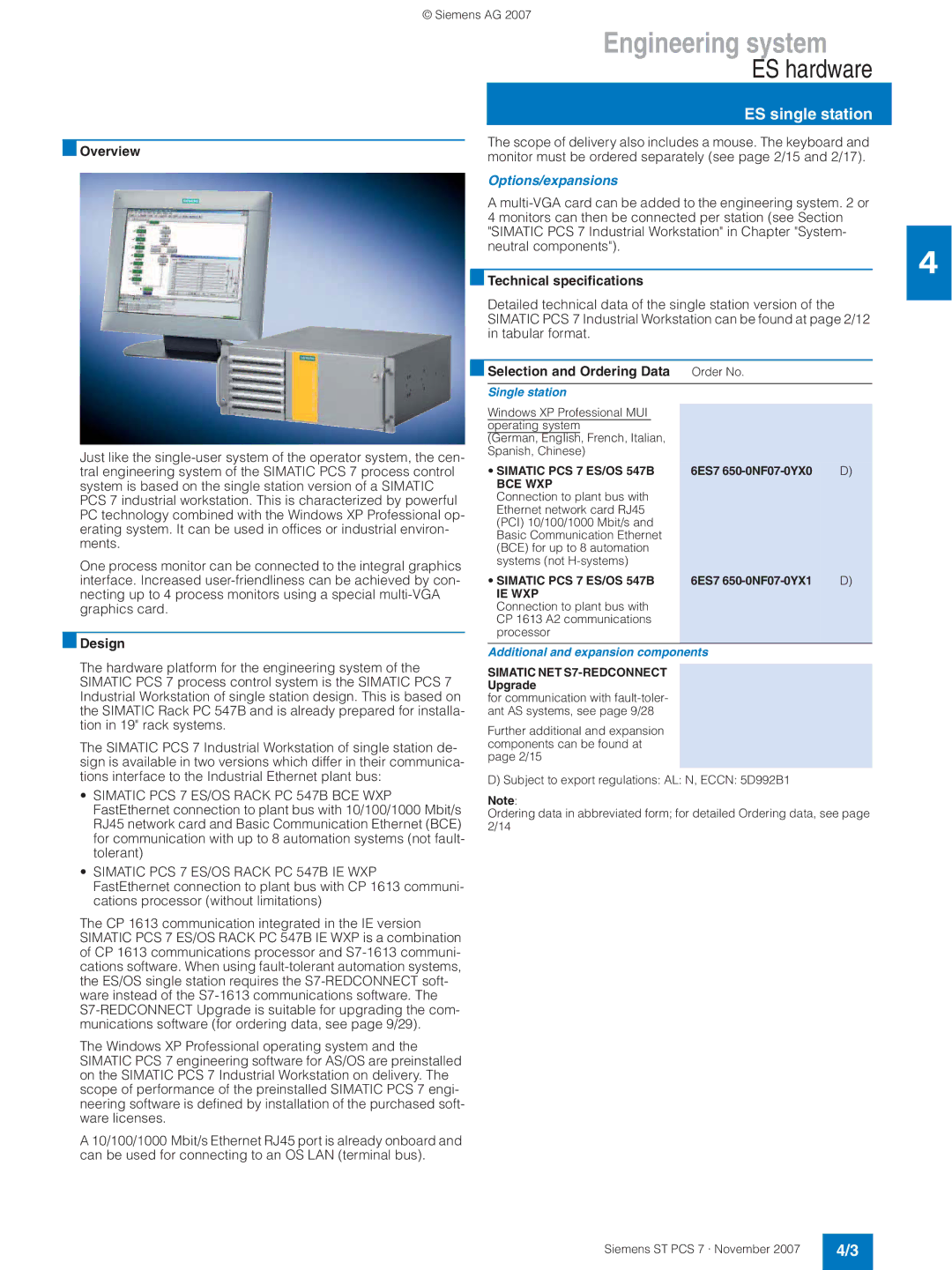 Siemens ST PCS 7 manual ES hardware, ES single station, Options/expansions, Technical specifications4, Single station 